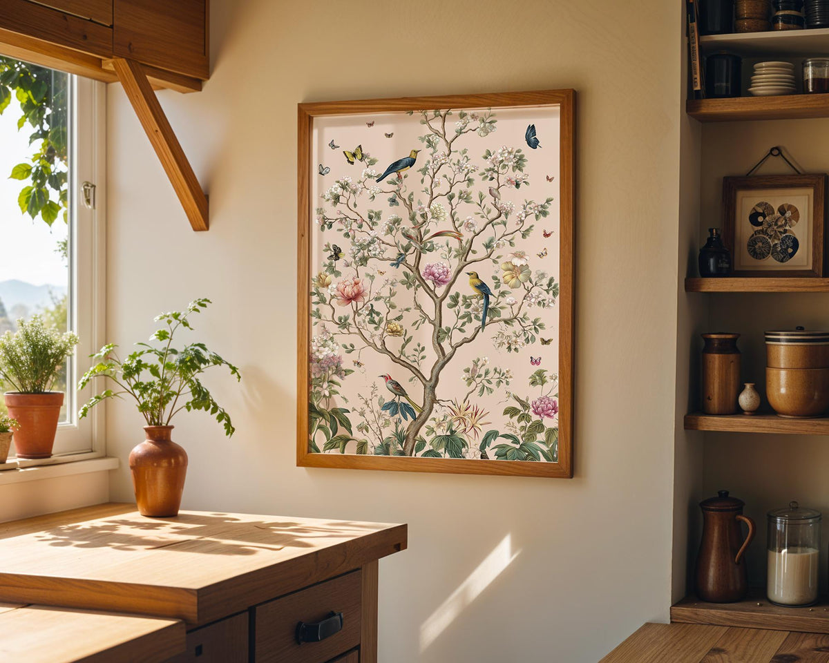 Chinoiserie Garden Vintage Bird & Butterfly Botanical Floral Wall Art by The Wall Art Studio - physical