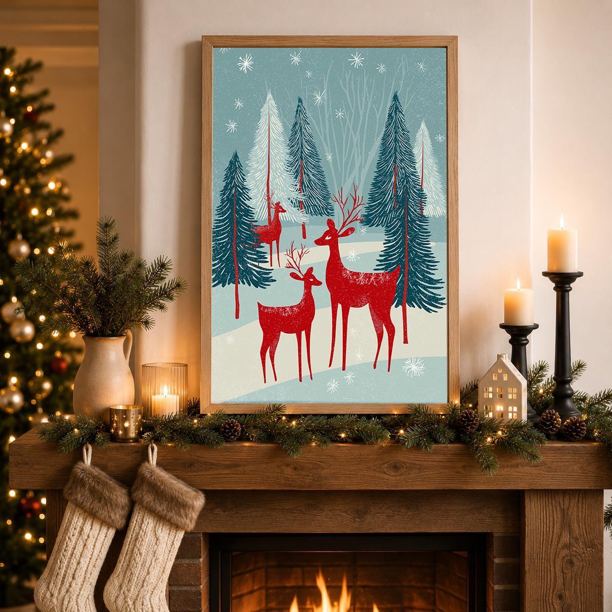 Scandinavian Christmas Nordic Winter Forest Folk Reindeer Wall Art by The Wall Art Studio