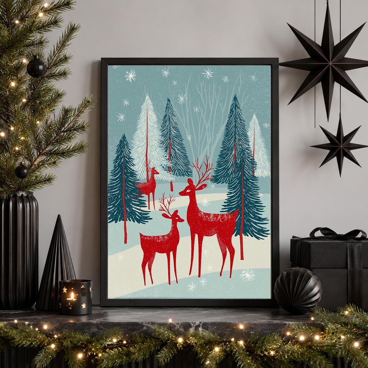 Scandinavian Christmas Nordic Winter Forest Folk Reindeer Wall Art by The Wall Art Studio