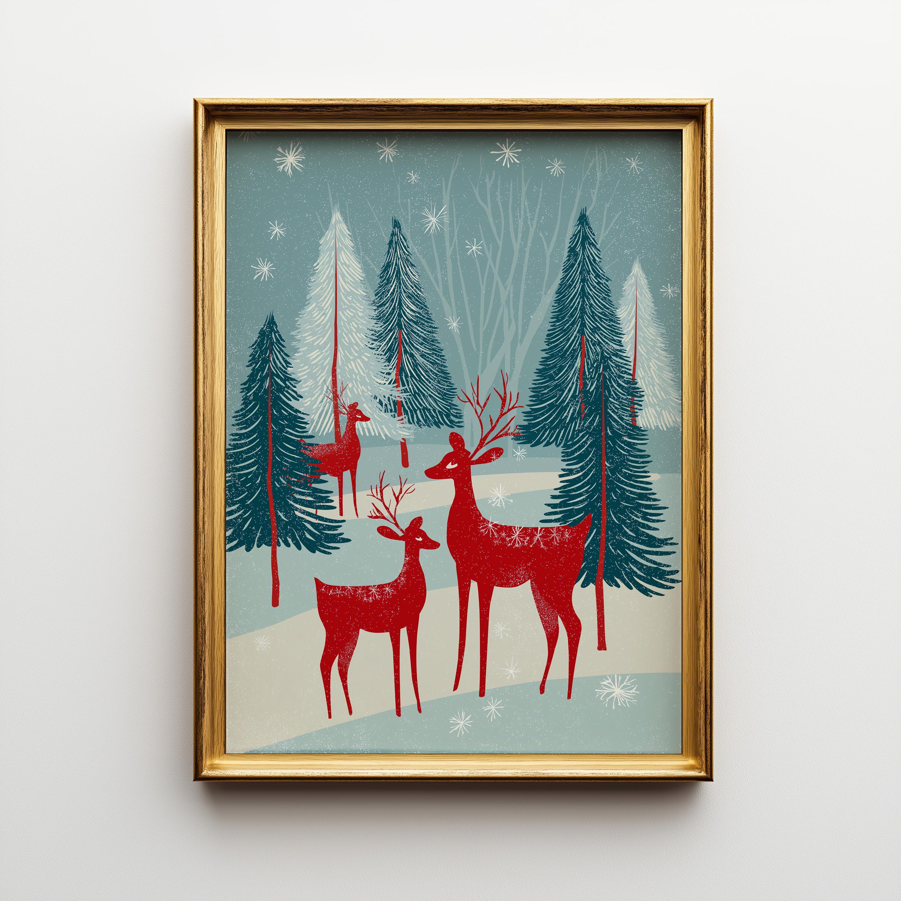 Scandinavian Christmas Nordic Winter Forest Folk Reindeer Wall Art by The Wall Art Studio