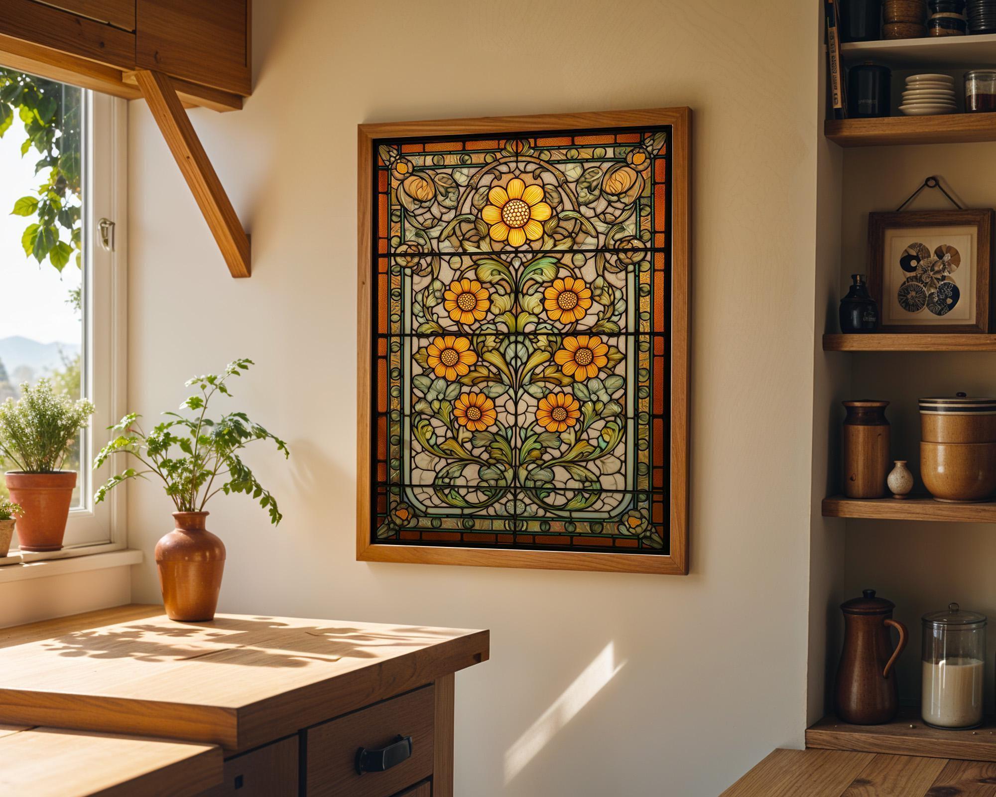 Stained Glass Sunflower Bright Floral Art Nouveau Botanical Wall Art