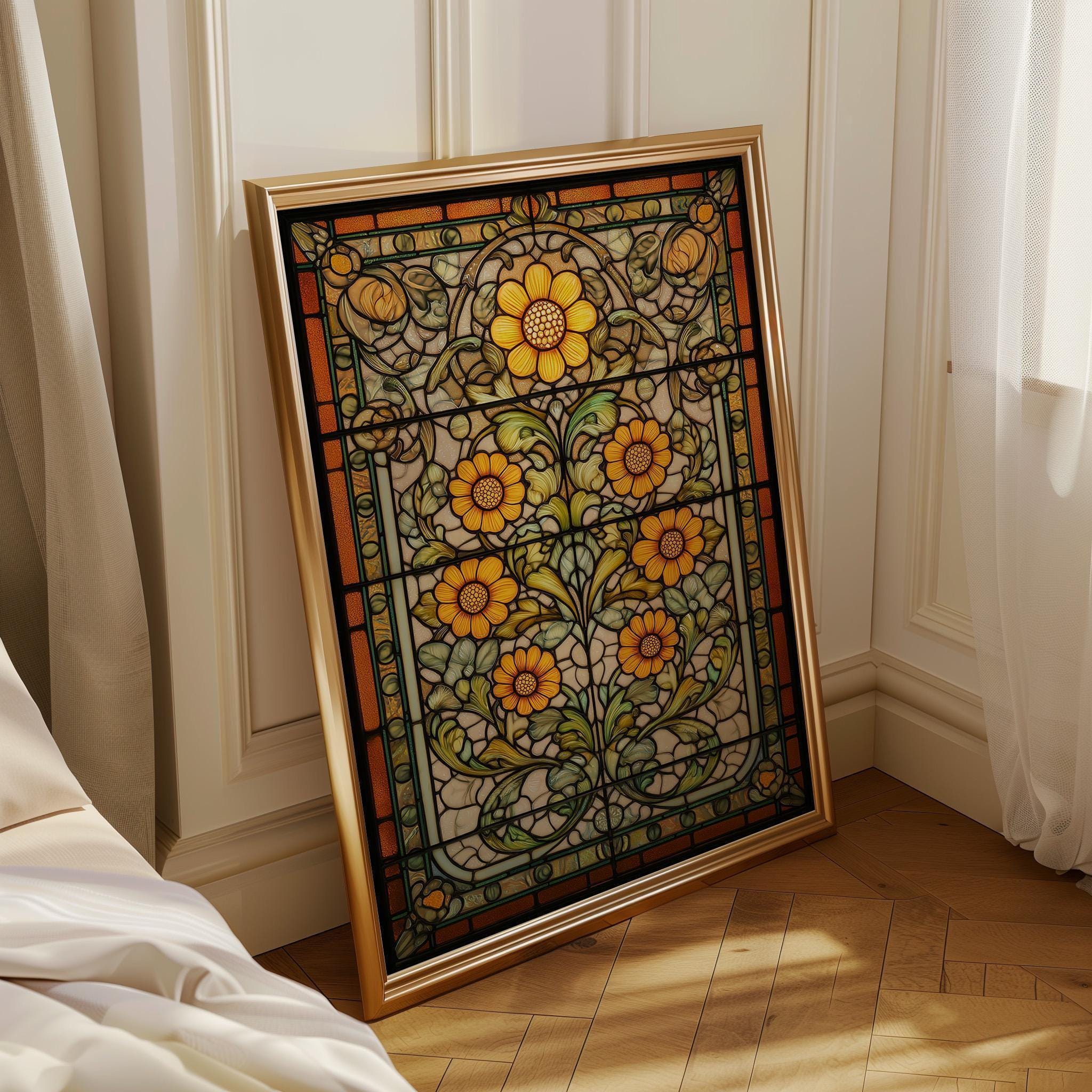 Stained Glass Sunflower Bright Floral Art Nouveau Botanical Wall Art