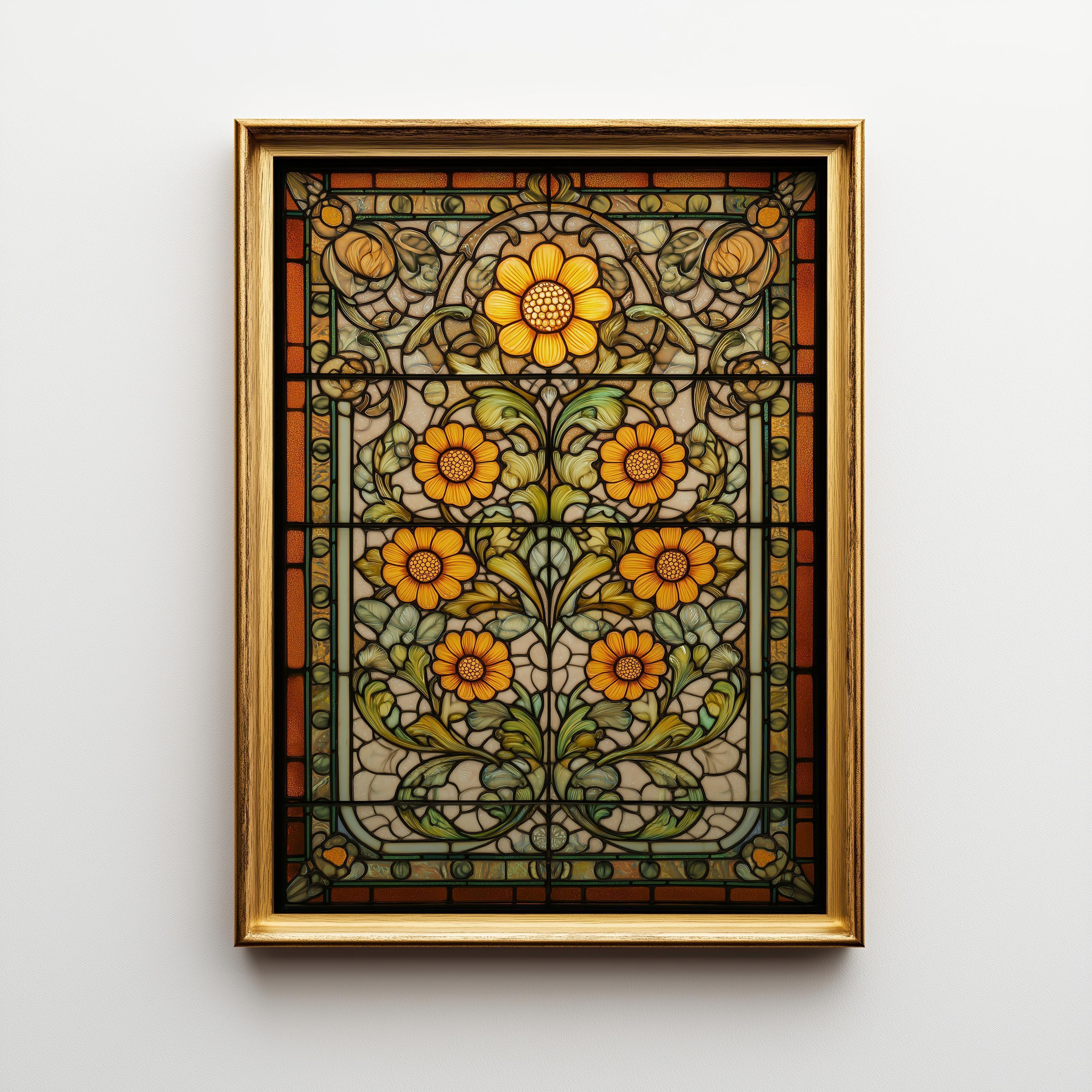 Stained Glass Sunflower Bright Floral Art Nouveau Botanical Wall Art