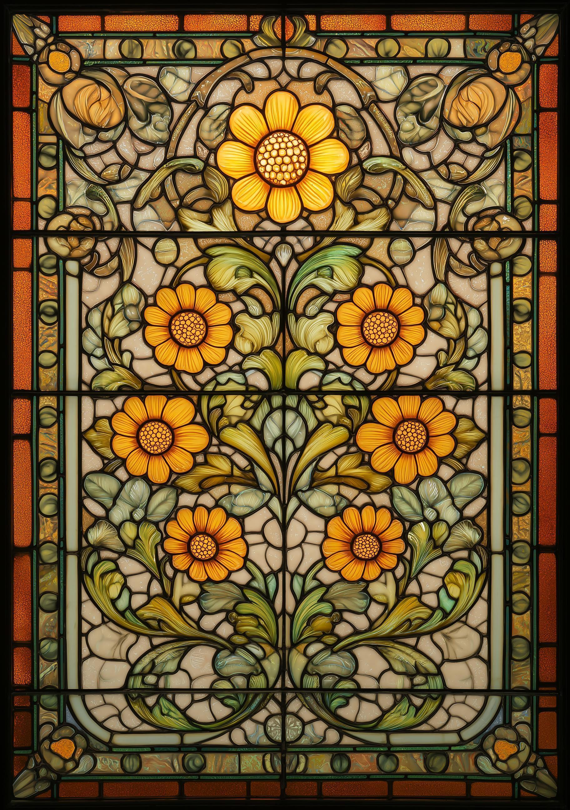 Stained Glass Sunflower Bright Floral Art Nouveau Botanical Wall Art