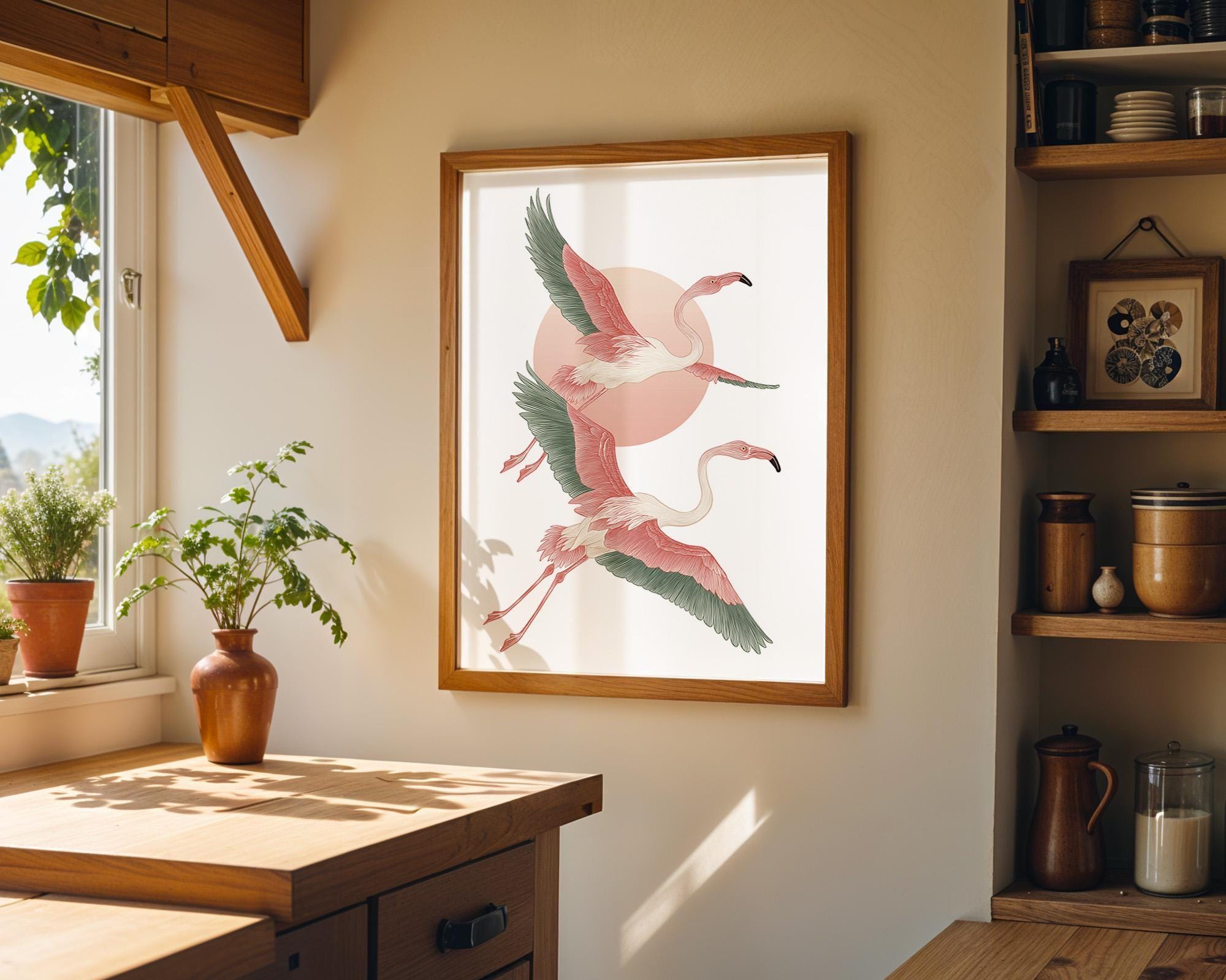 Japanese Style Flamingo Japandi Pink Mid Century Modern Wall Art by The Wall Art Studio