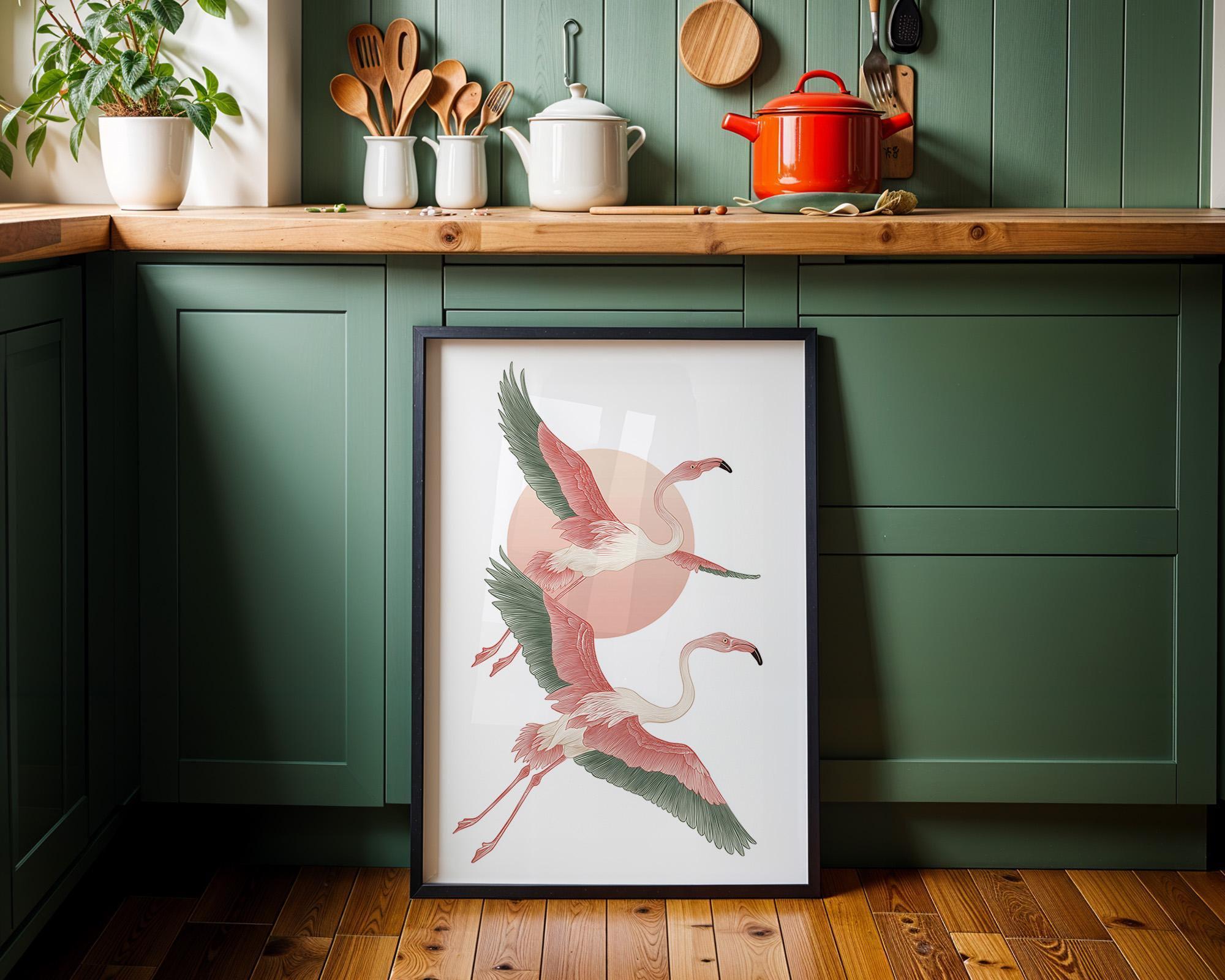 Japanese Style Flamingo Japandi Pink Mid Century Modern Wall Art by The Wall Art Studio