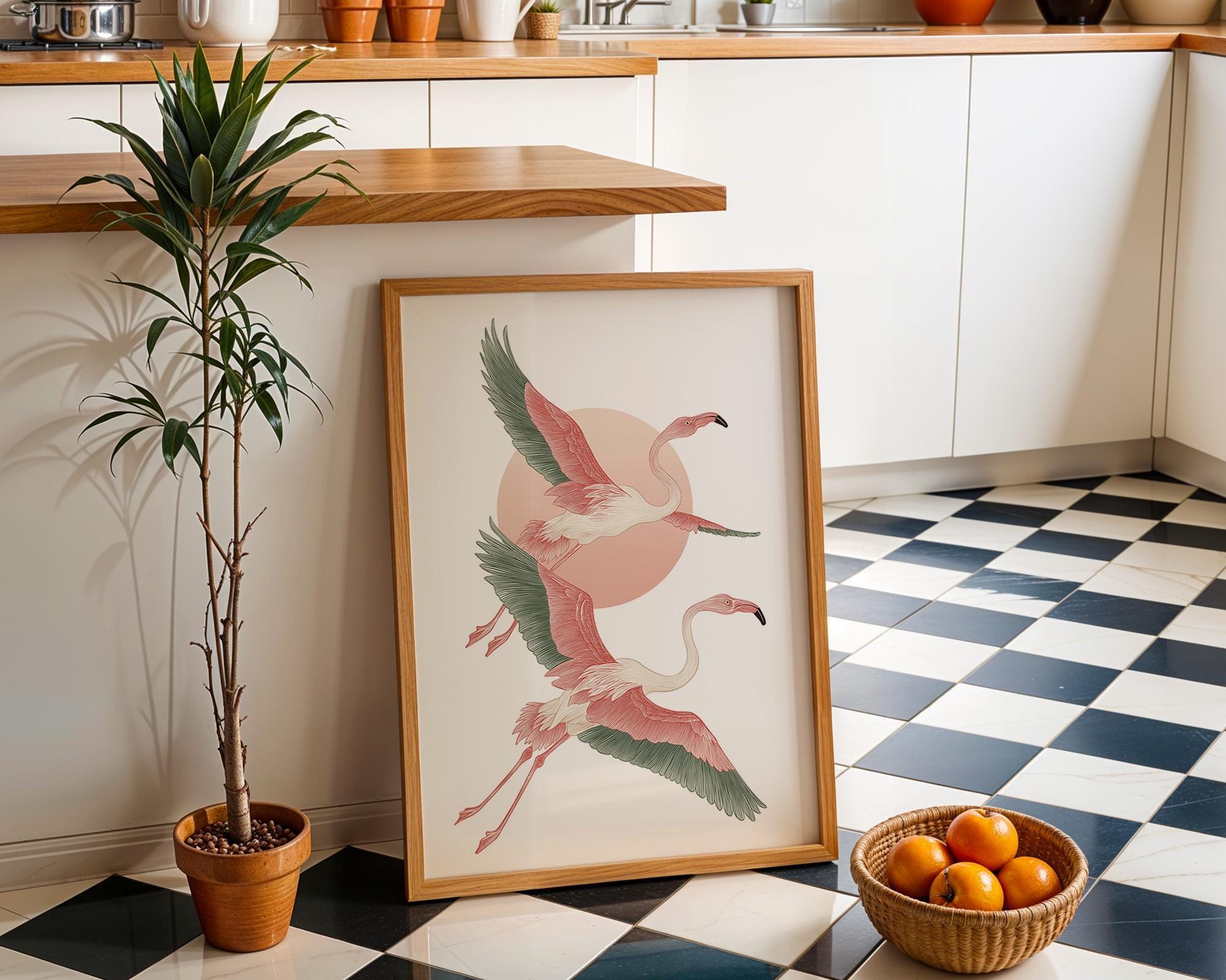 Japanese Style Flamingo Japandi Pink Mid Century Modern Wall Art by The Wall Art Studio