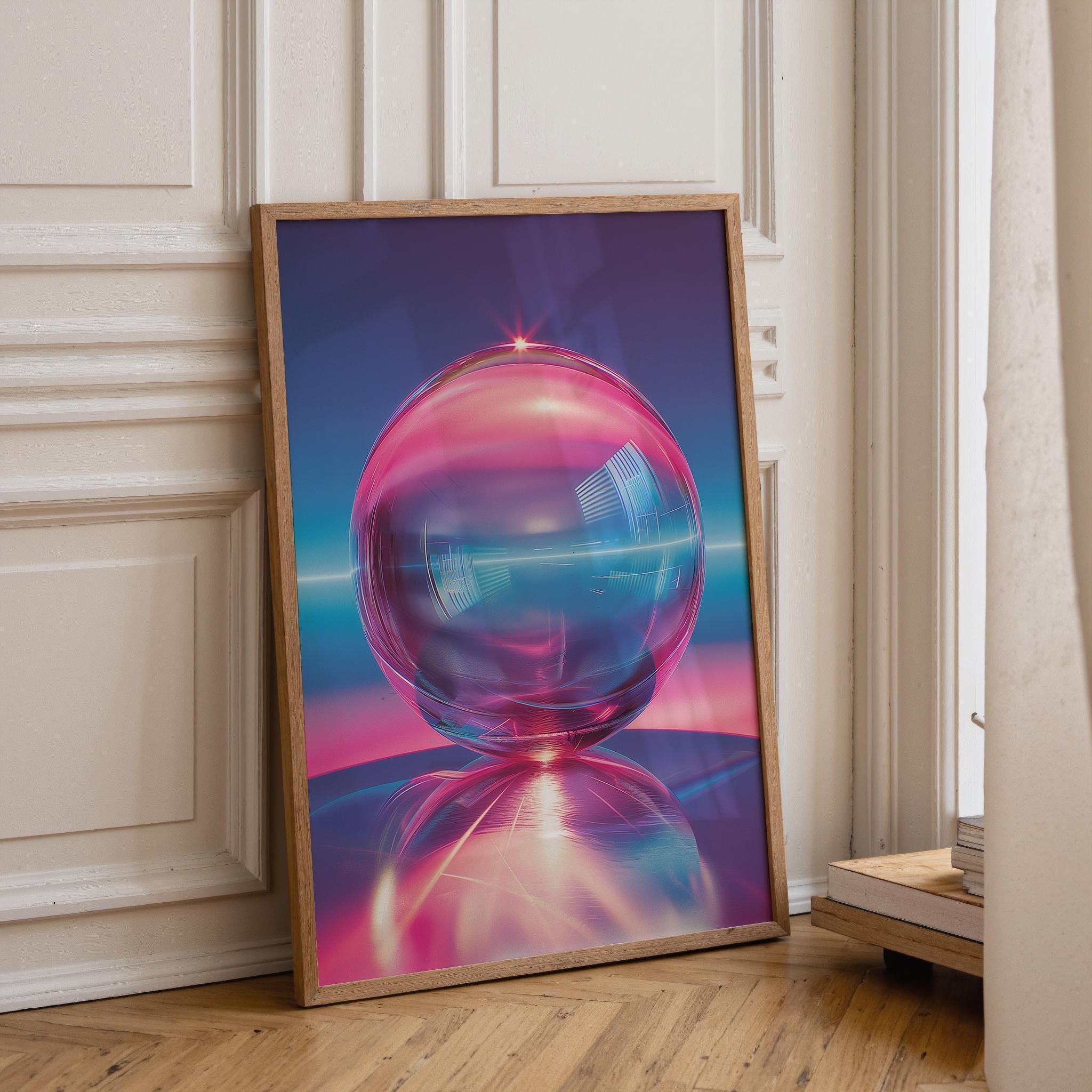 1980s Retro Futuristic Neon Synthwave Chrome Sphere Cyberpunk Wall Art by The Wall Art Studio