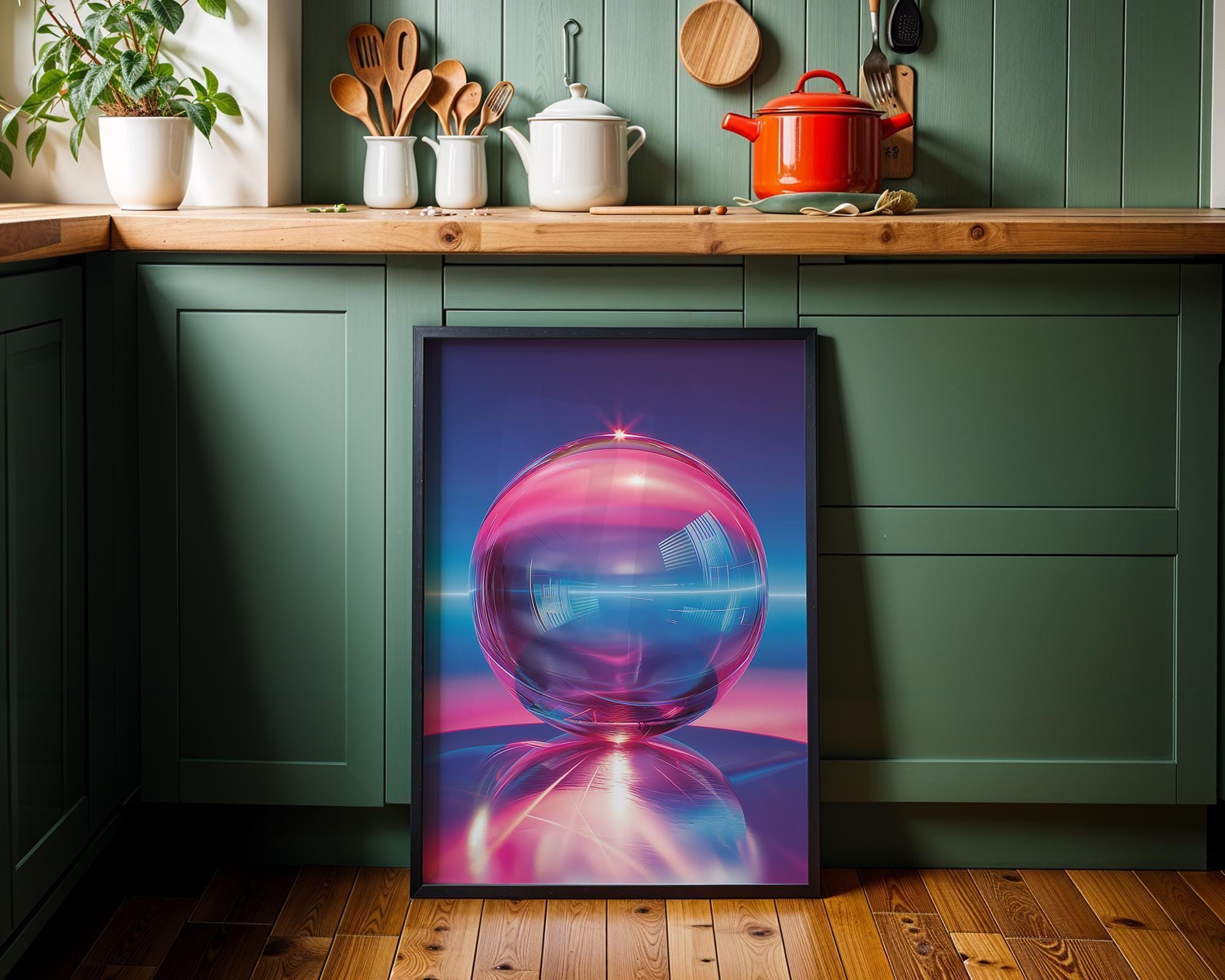 1980s Retro Futuristic Neon Synthwave Chrome Sphere Cyberpunk Wall Art by The Wall Art Studio
