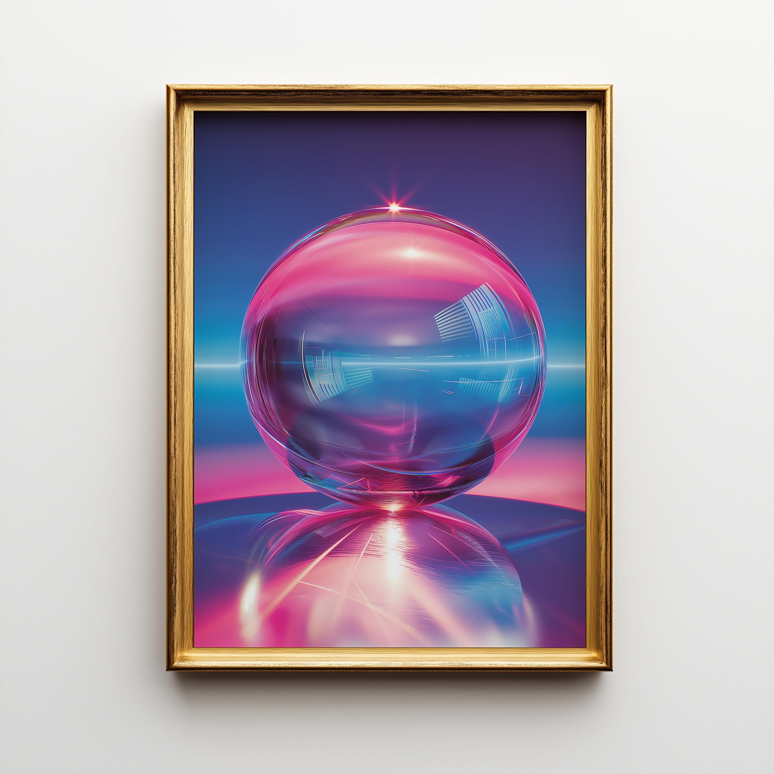 1980s Retro Futuristic Neon Synthwave Chrome Sphere Cyberpunk Wall Art by The Wall Art Studio