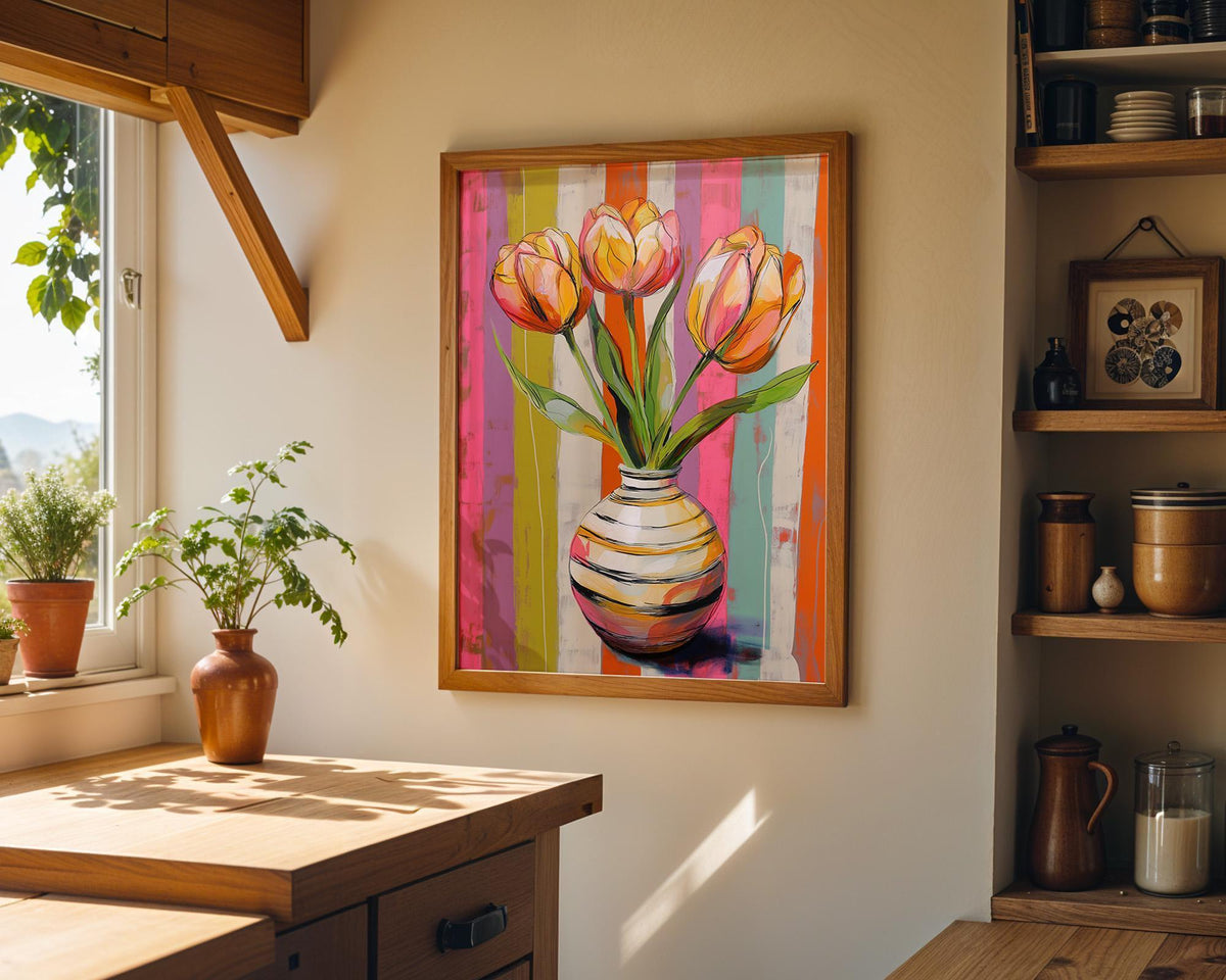 Colorful Tulip Bouquet Pink & Orange Floral Bright Abstract Wall Art by The Wall Art Studio