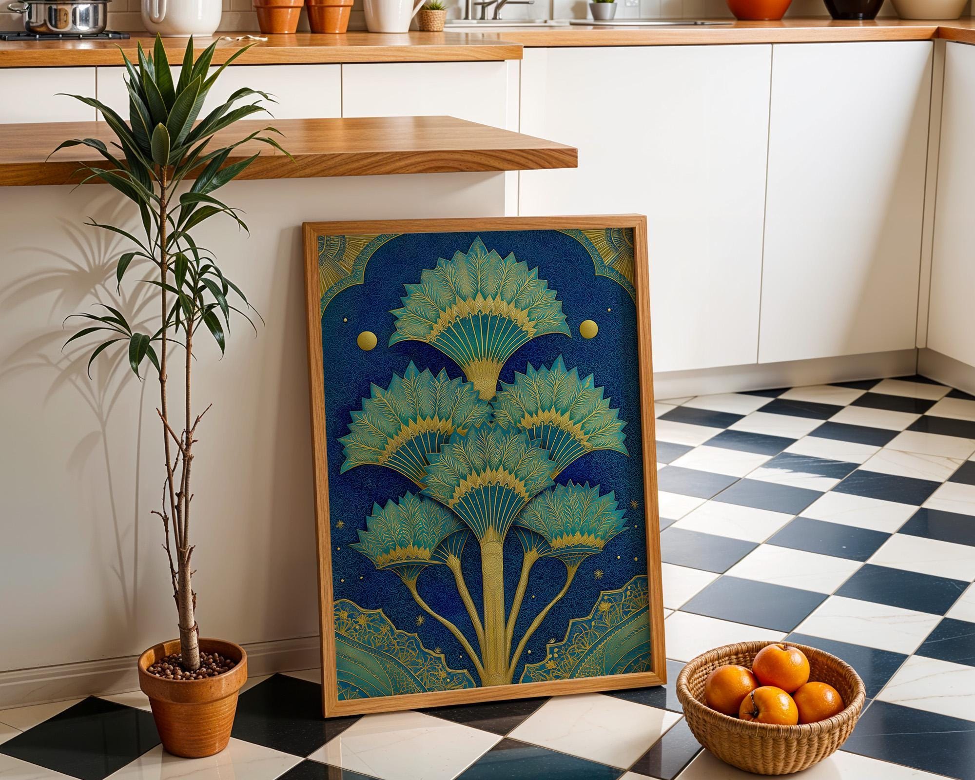 Islamic Palm Tree Blue & Gold Moroccan Boho Wall Art by The Wall Art Studio