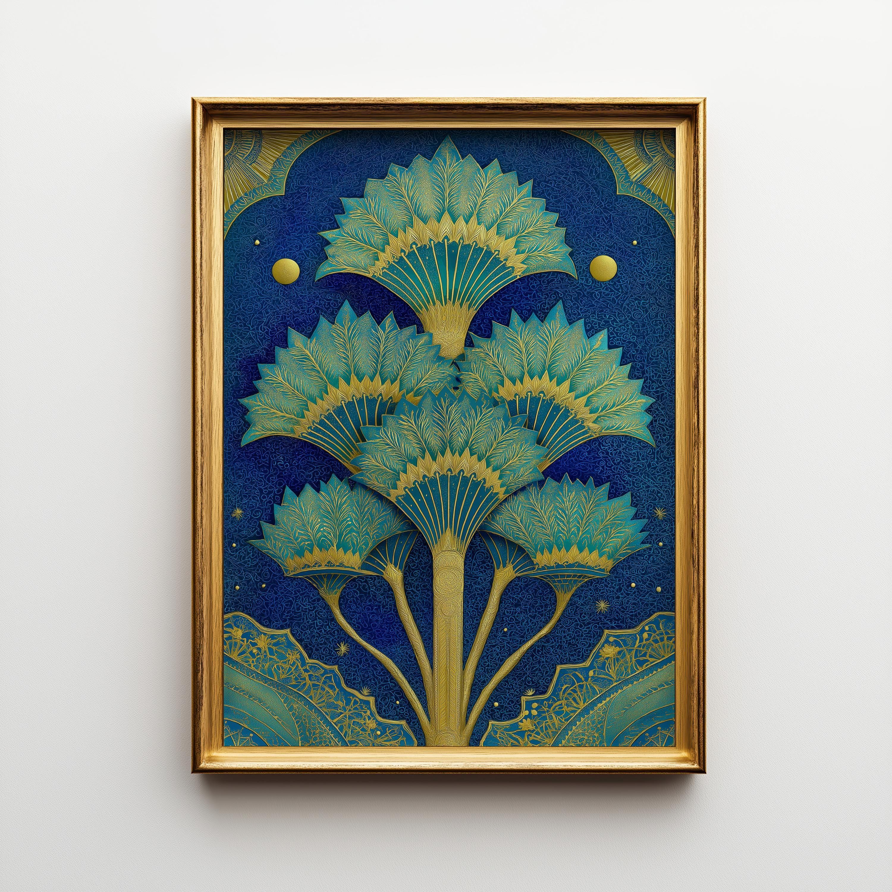 Islamic Palm Tree Blue & Gold Moroccan Boho Wall Art by The Wall Art Studio