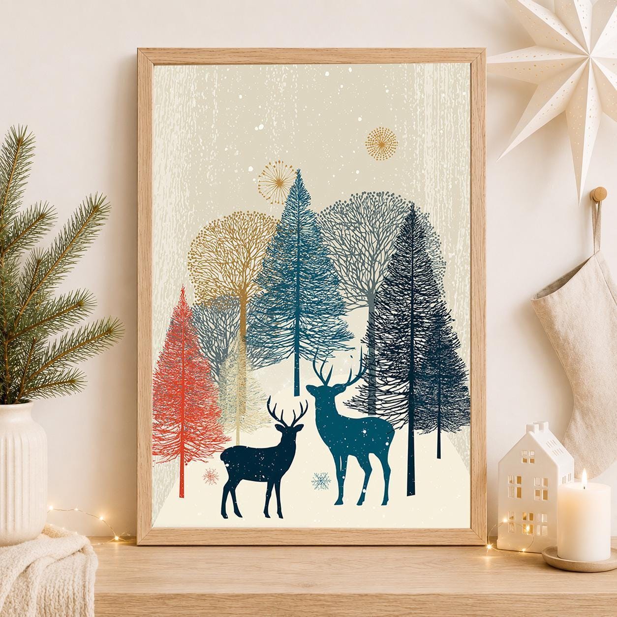 Scandinavian Christmas Nordic Winter Forest Reindeer Wall Art by The Wall Art Studio