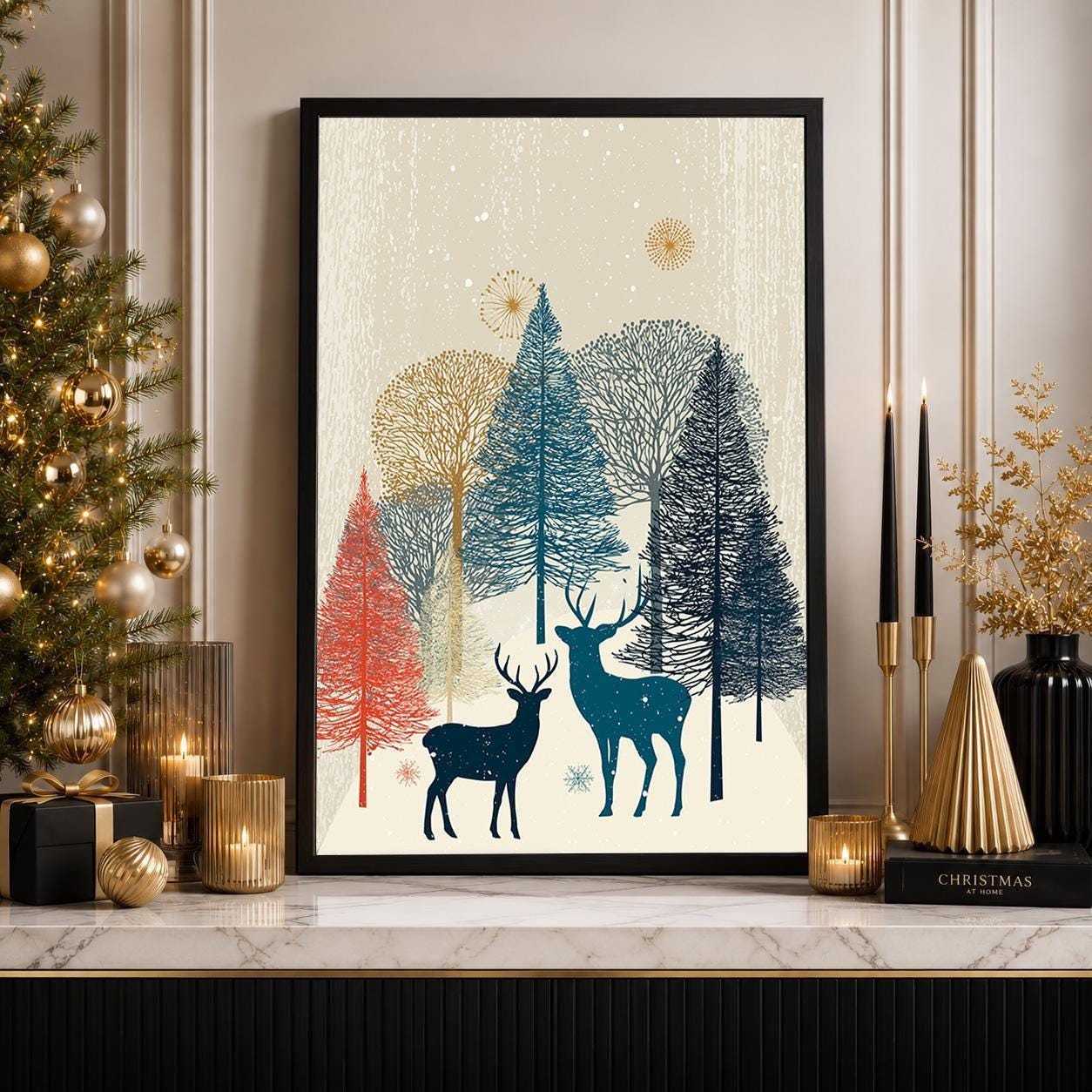 Scandinavian Christmas Nordic Winter Forest Reindeer Wall Art by The Wall Art Studio