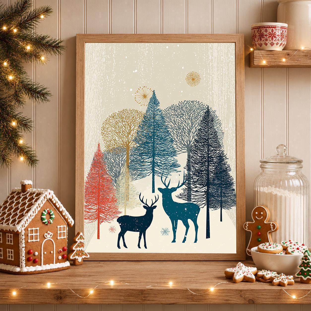 Scandinavian Christmas Nordic Winter Forest Reindeer Wall Art by The Wall Art Studio