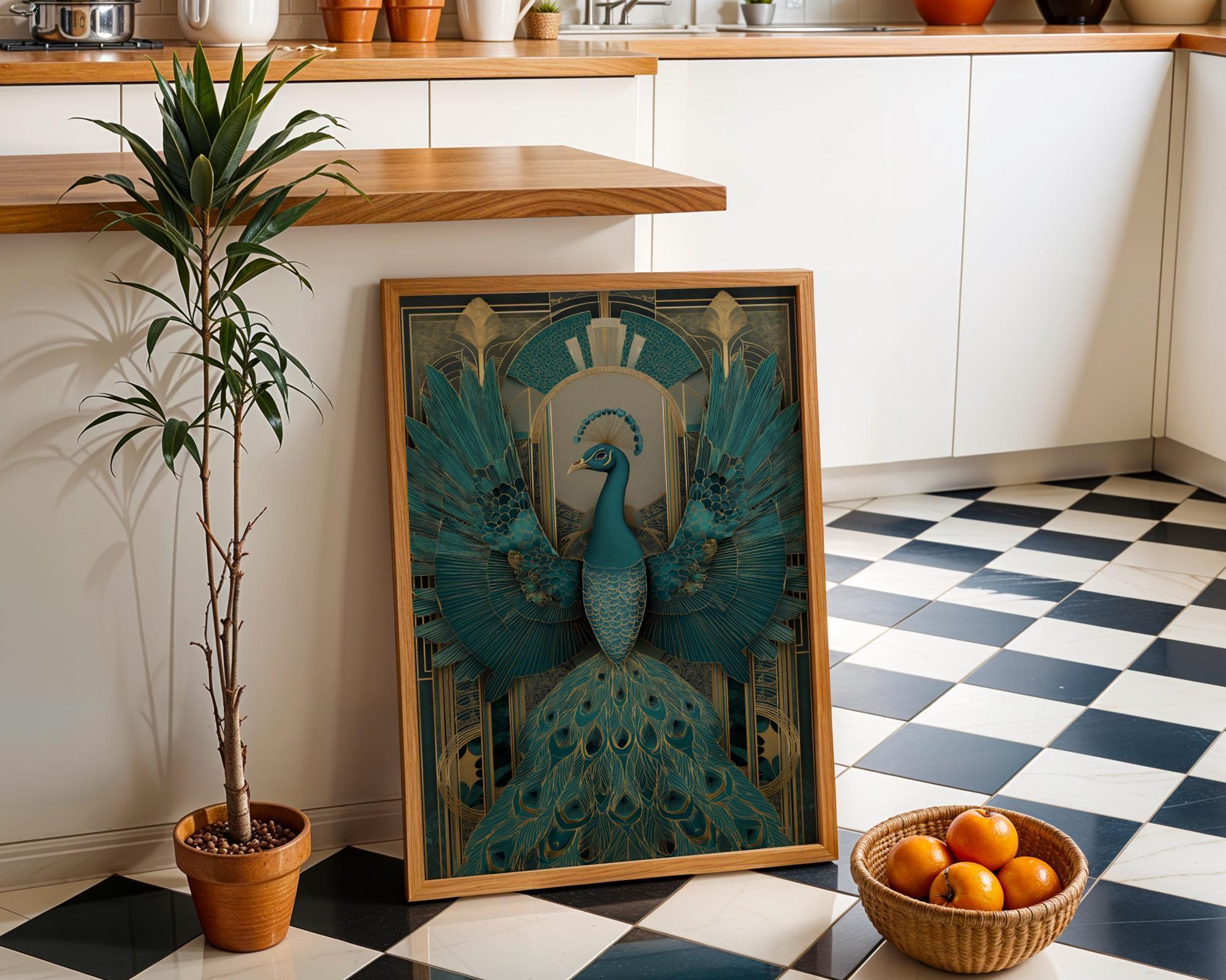 Art Deco Peacock Teal Gold Geometric Wall Art