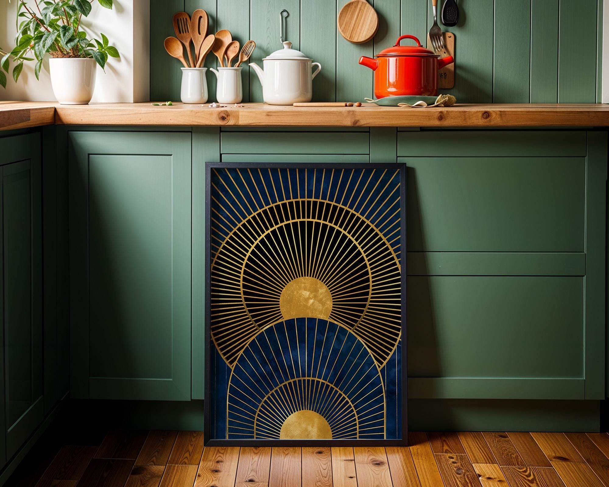 Navy Blue & Gold Geometric Sunburst Luxury Abstract Wall Art by The Wall Art Studio