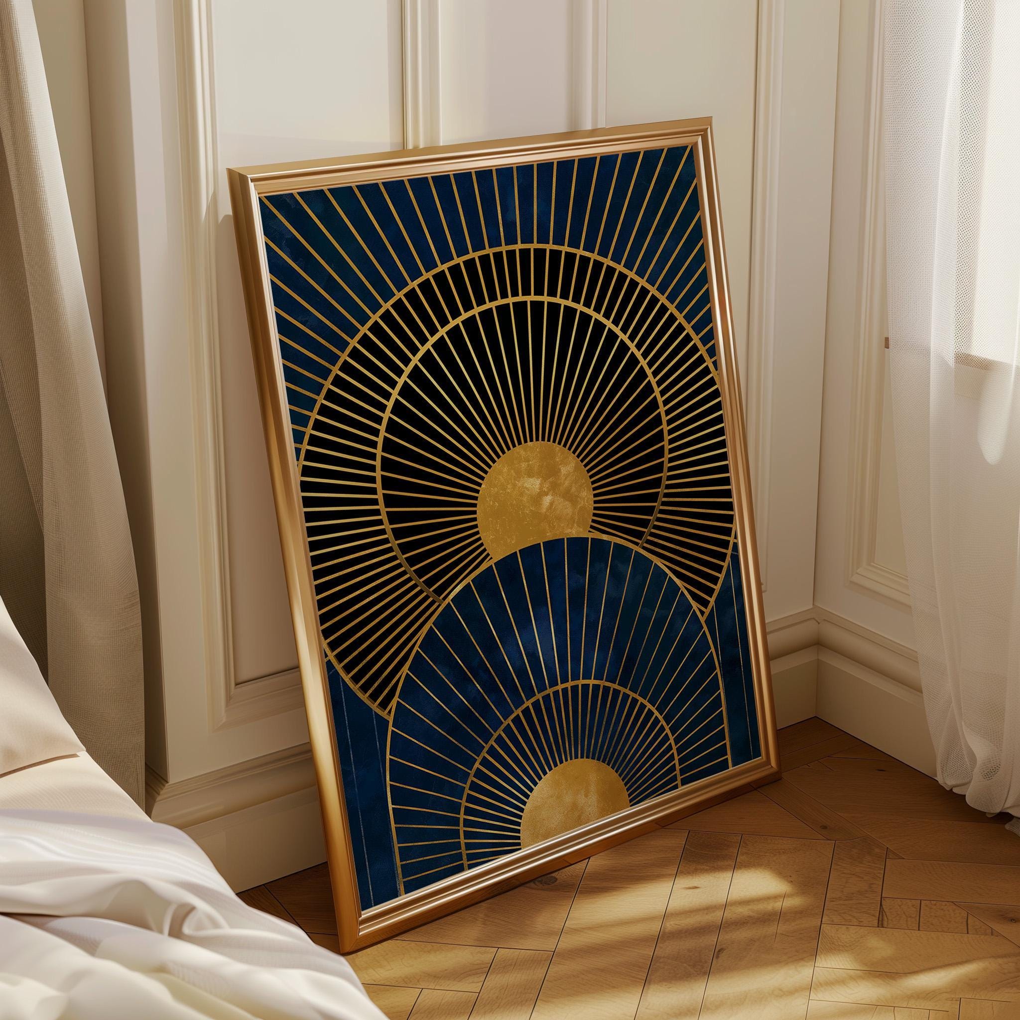 Navy Blue & Gold Geometric Sunburst Luxury Abstract Wall Art by The Wall Art Studio