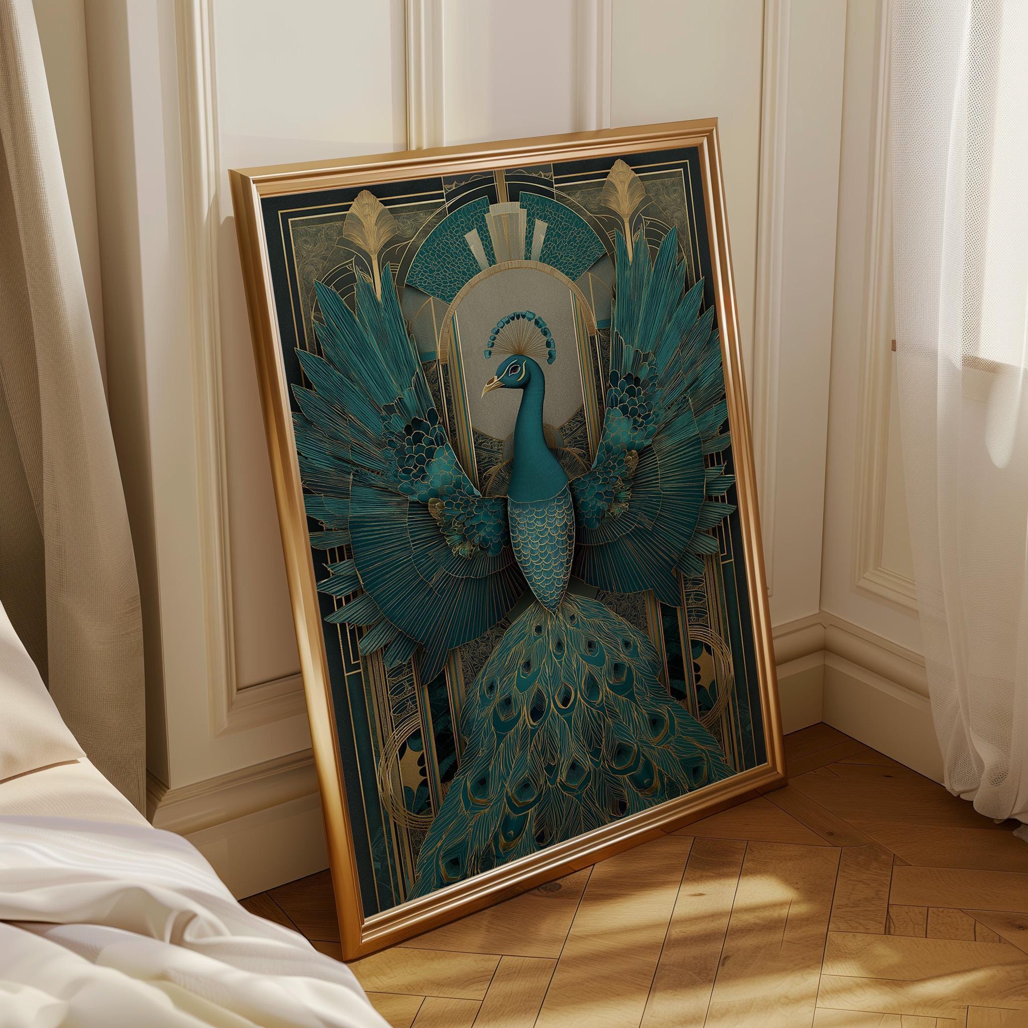 Art Deco Peacock Teal Gold Geometric Wall Art