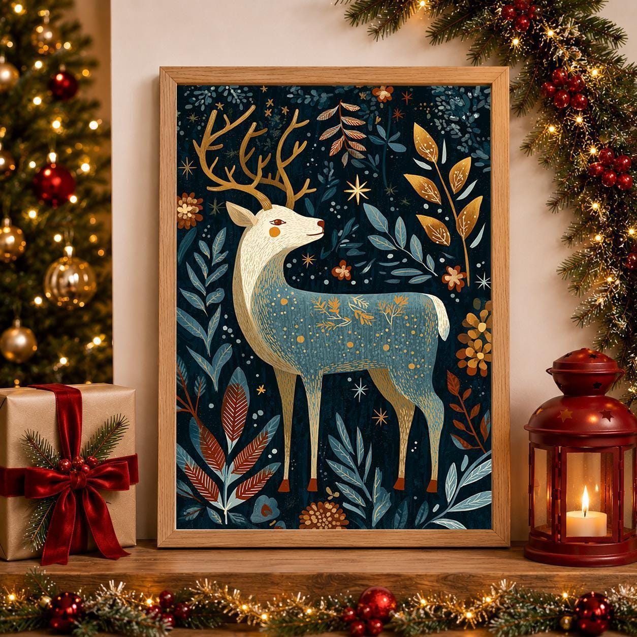 Scandinavian Reindeer Christmas Nordic Folk Reindeer Wall Art by The Wall Art Studio