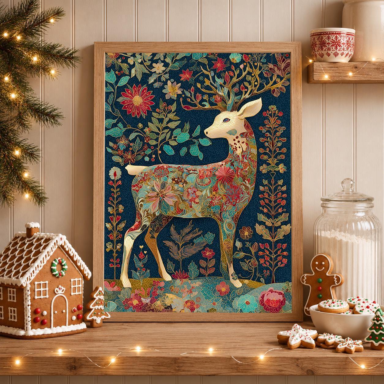 Floral Deer Christmas Scandinavian Botanical Reindeer Wall Art by The Wall Art Studio