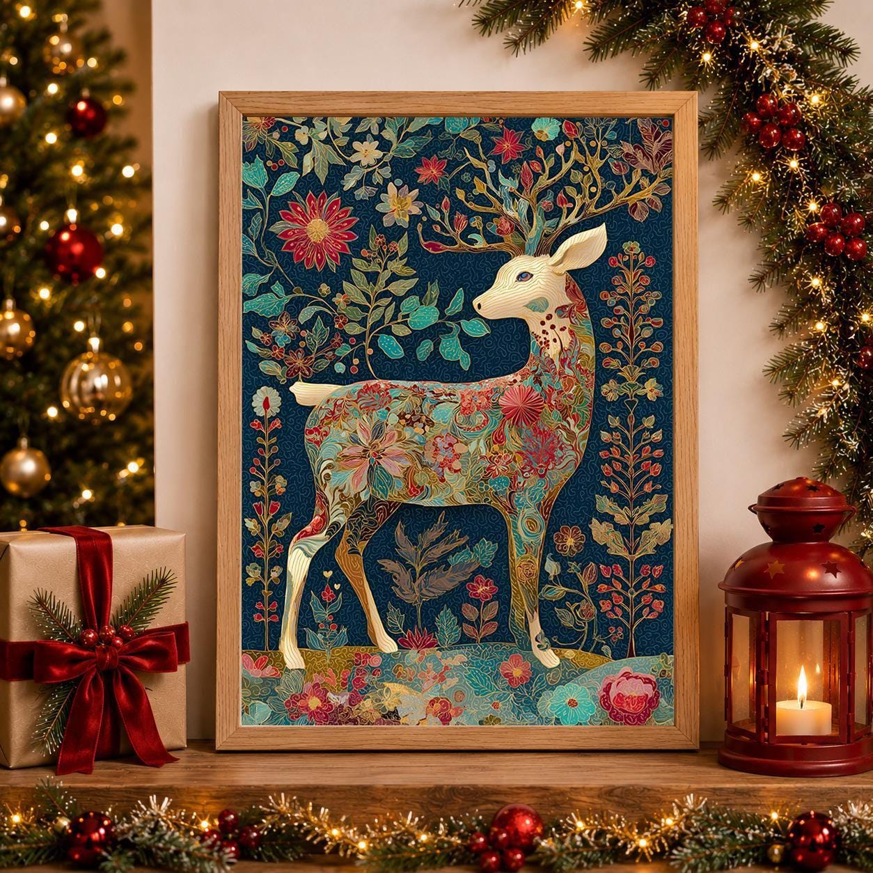Floral Deer Christmas Scandinavian Botanical Reindeer Wall Art by The Wall Art Studio