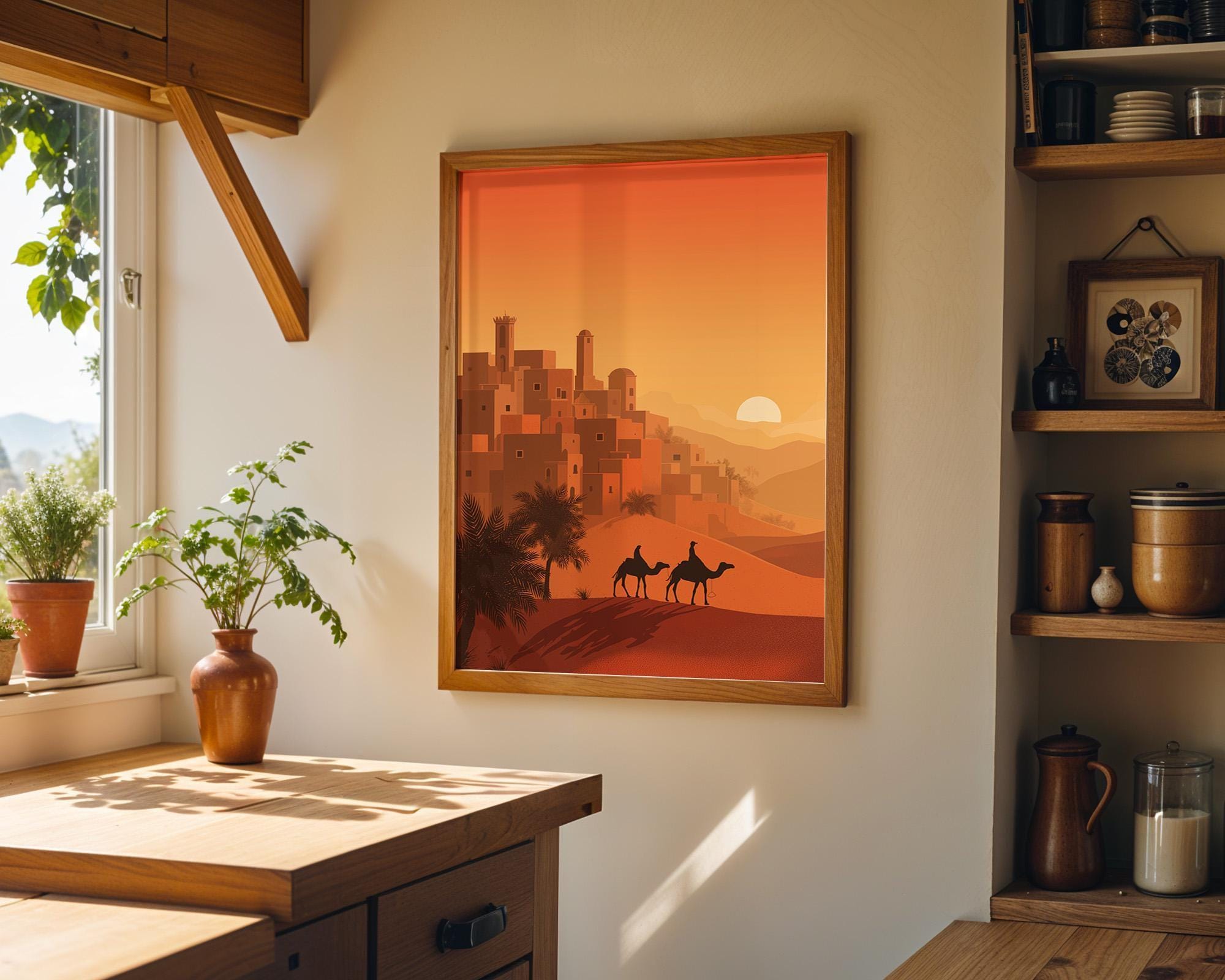 Moroccan Desert Sunset Camel Caravan Boho Travel Wall Art by The Wall Art Studio