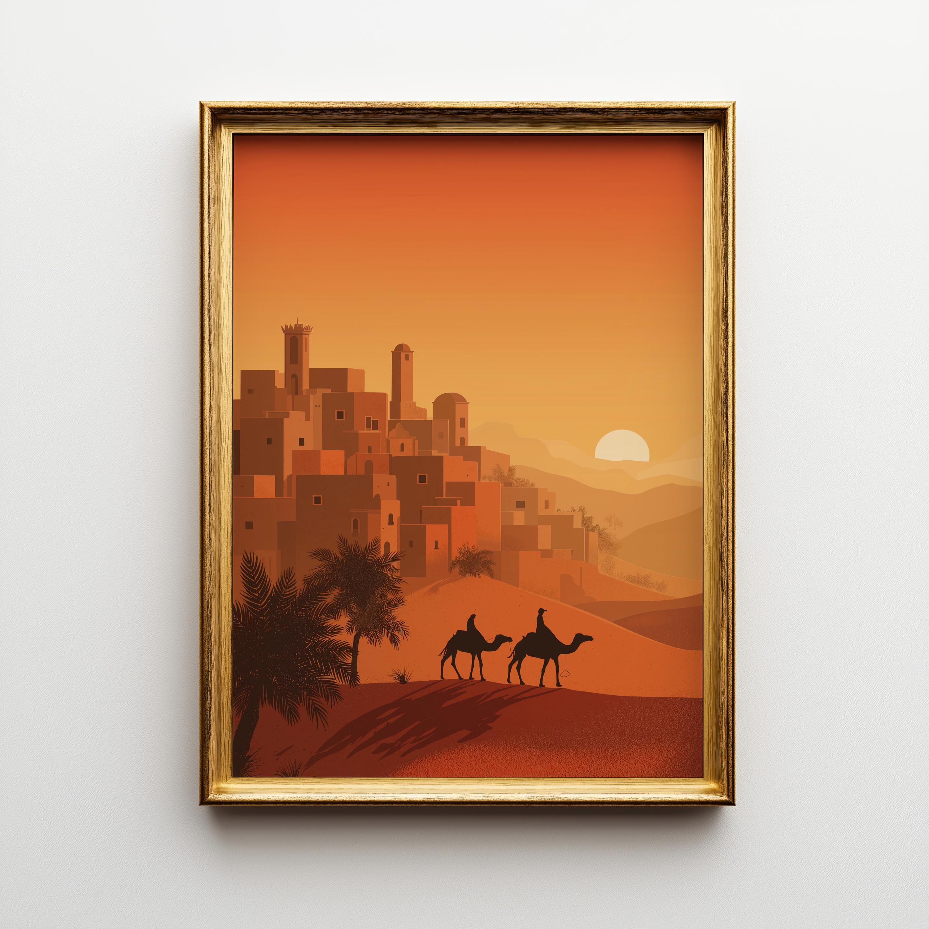 Moroccan Desert Sunset Camel Caravan Boho Travel Wall Art by The Wall Art Studio