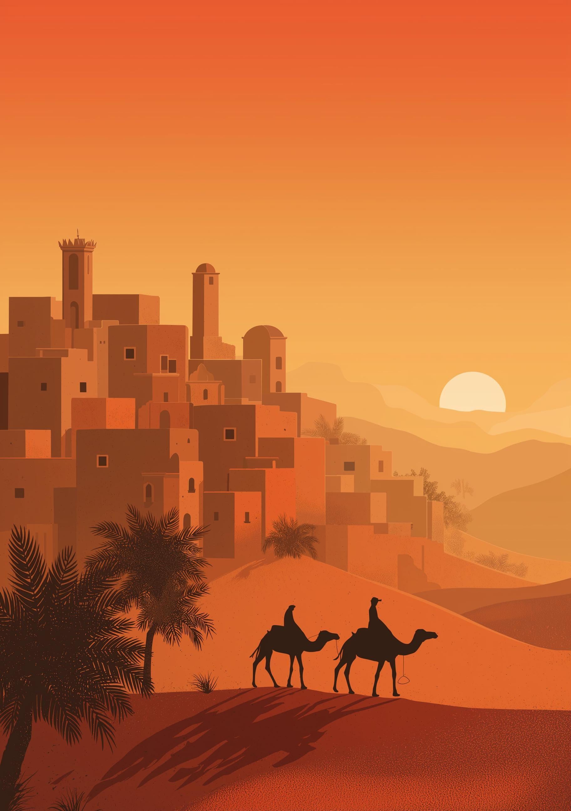 Moroccan Desert Sunset Camel Caravan Boho Travel Wall Art by The Wall Art Studio