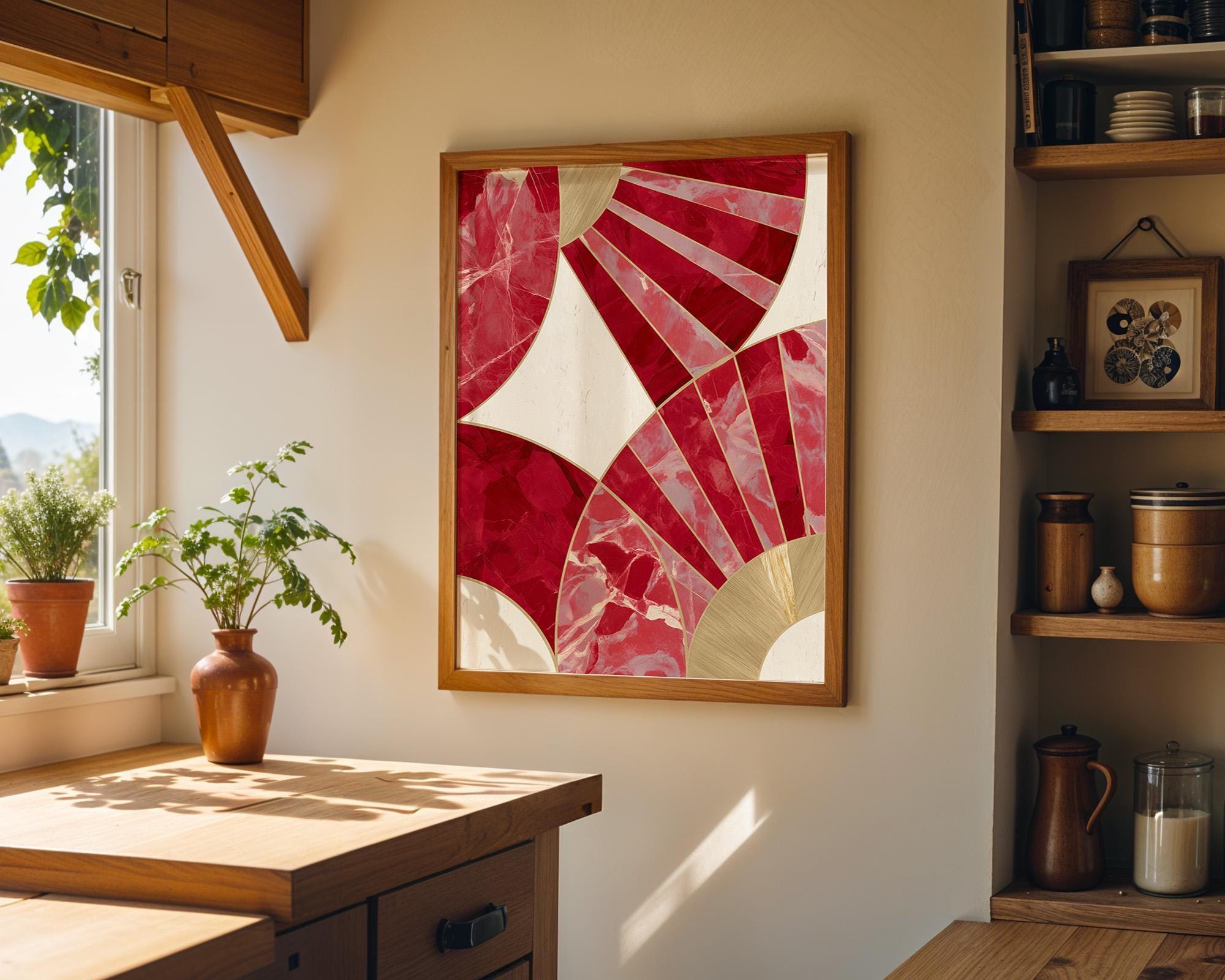 Red Abstract Geometric Art Deco Marble Wall Art by The Wall Art Studio