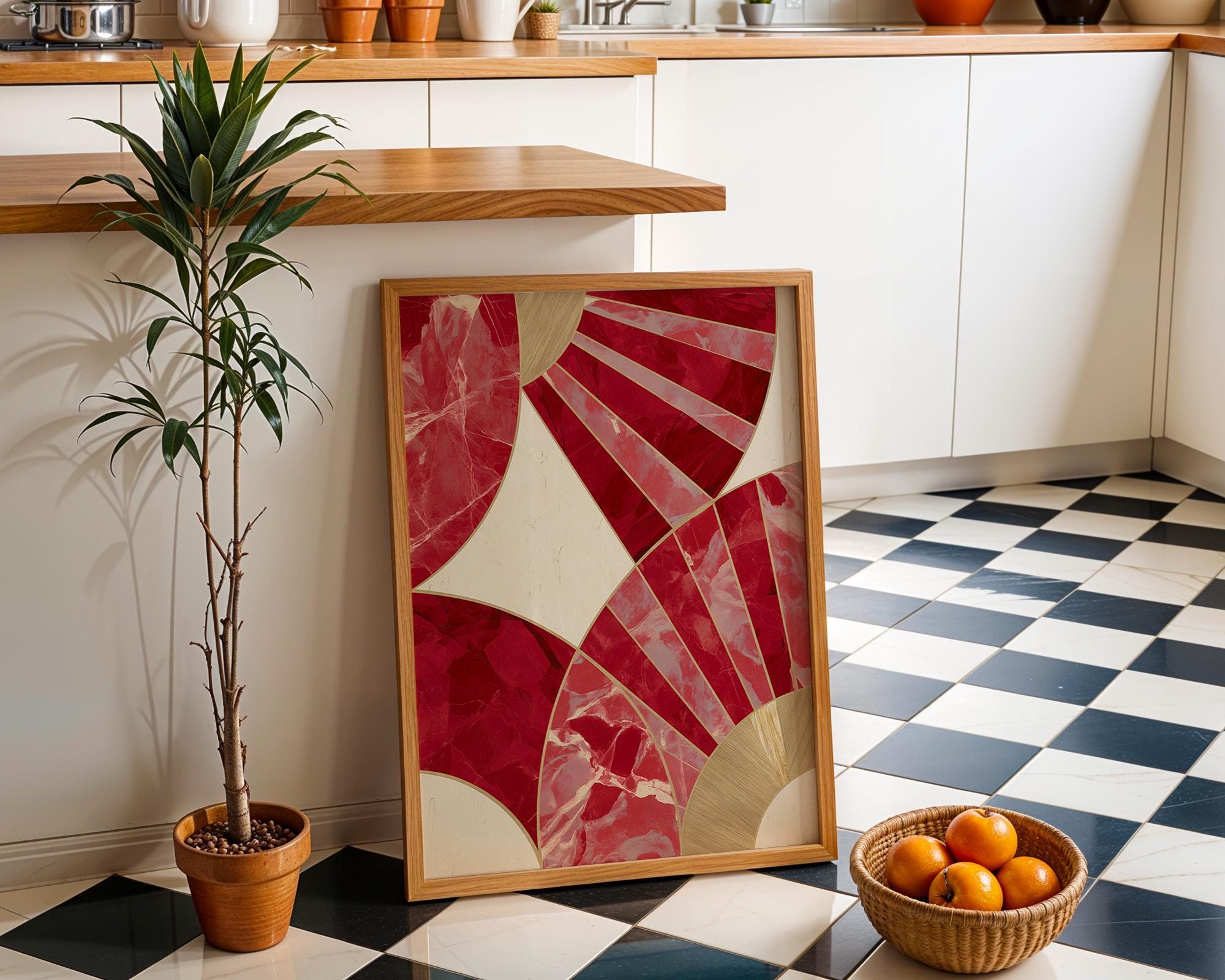 Red Abstract Geometric Art Deco Marble Wall Art by The Wall Art Studio