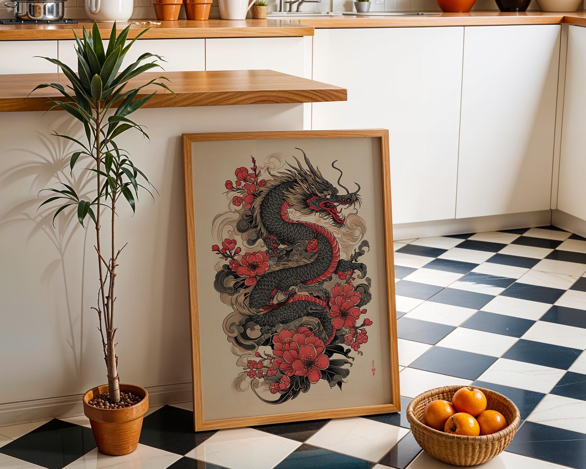 Japanese Dragon Cherry Blossom Oriental Tattoo Style Wall Art