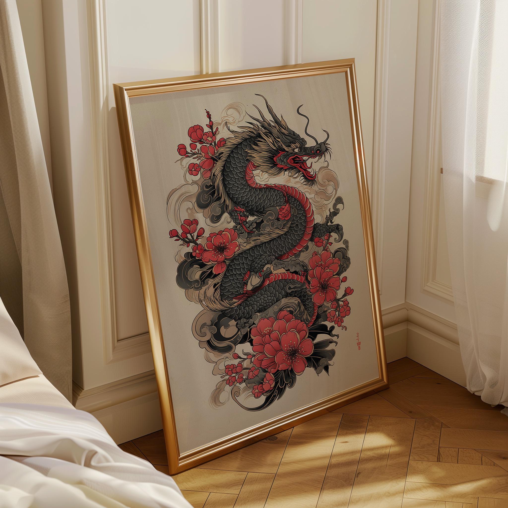 Japanese Dragon Cherry Blossom Oriental Tattoo Style Wall Art