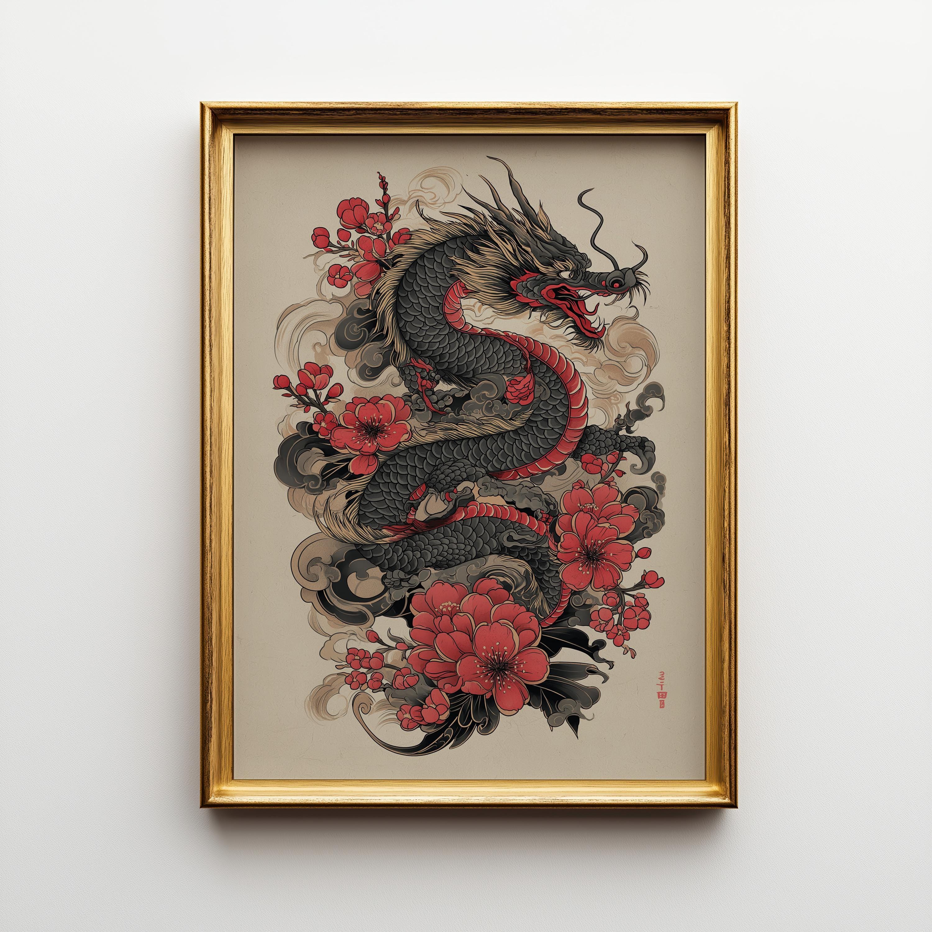 Japanese Dragon Cherry Blossom Oriental Tattoo Style Wall Art