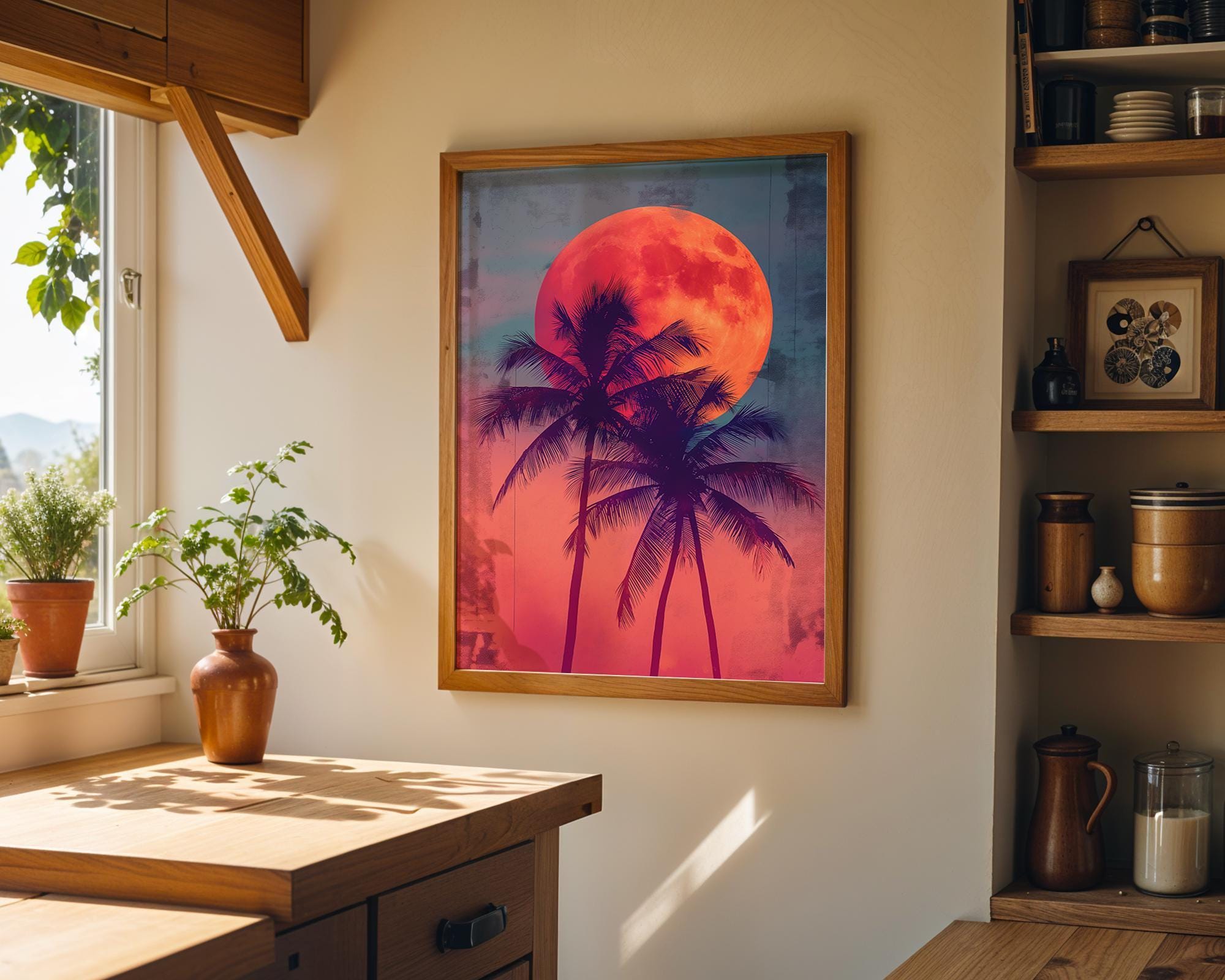 Retro Sunset Palm Tree 80s Synthwave Wall Art by The Wall Art Studio