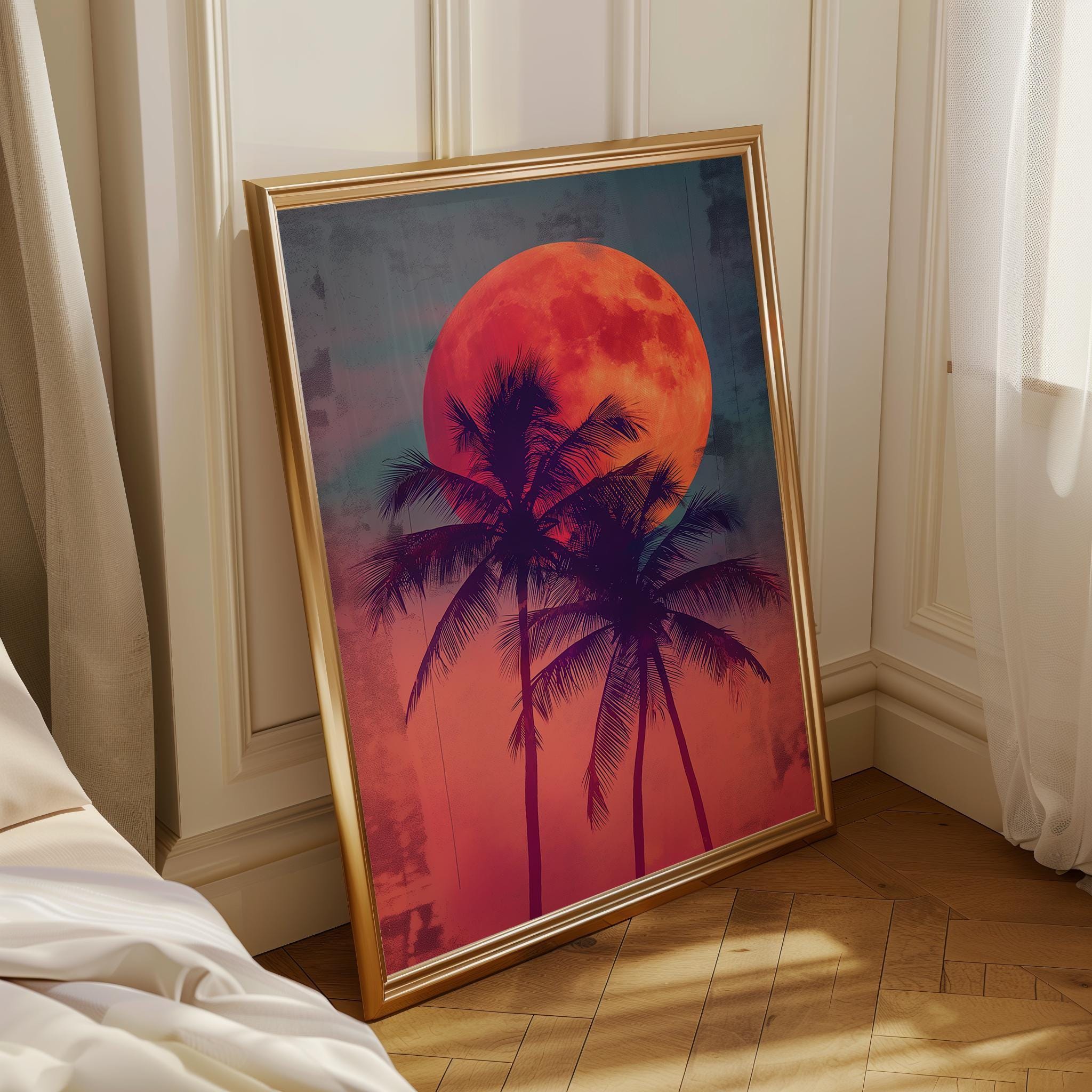 Retro Sunset Palm Tree 80s Synthwave Wall Art by The Wall Art Studio