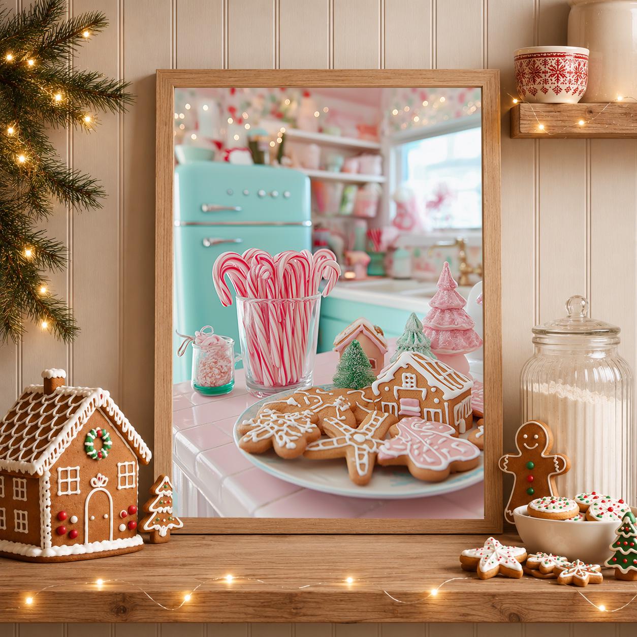 Retro Christmas Kitchen Pink Gingerbread Cookies Candy Cane Wall Art by The Wall Art Studio - physical