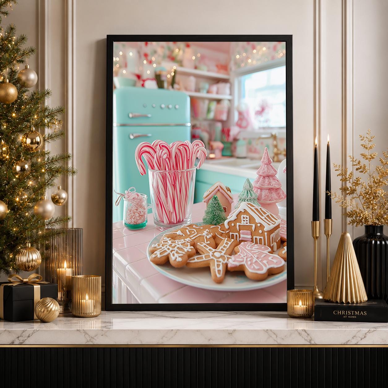 Retro Christmas Kitchen Pink Gingerbread Cookies Candy Cane Wall Art by The Wall Art Studio - physical