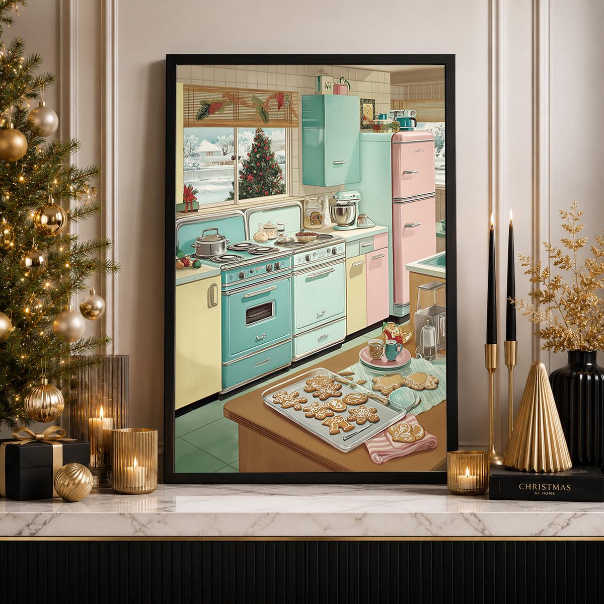 Retro Christmas Kitchen 1950s Pastel Gingerbread Cookies Wall Art by The Wall Art Studio - physical