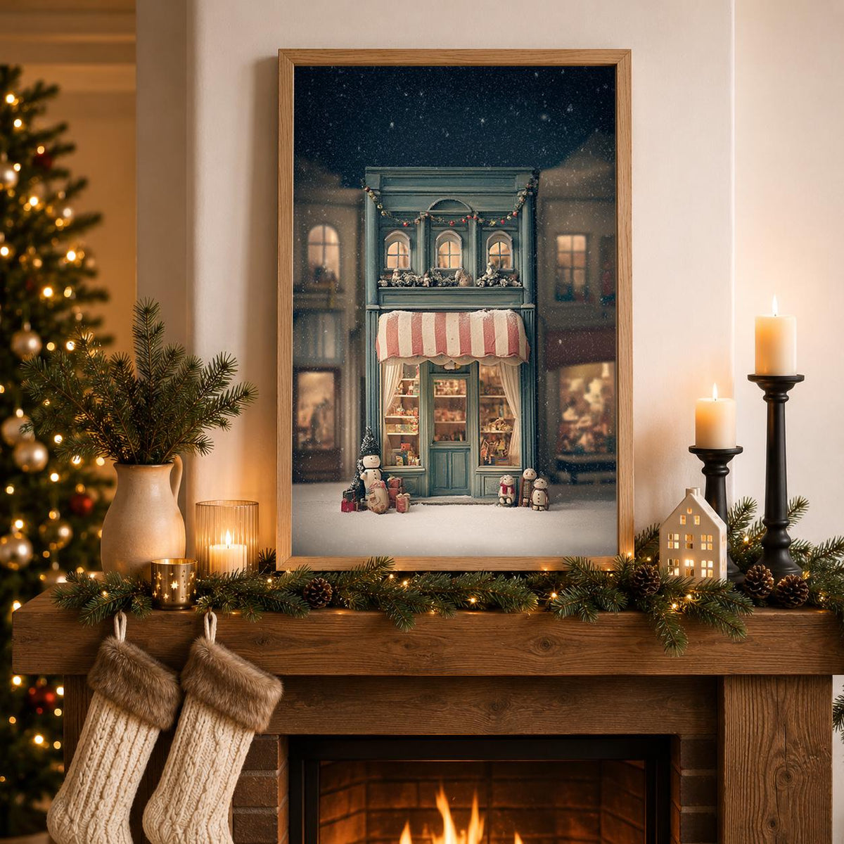 Vintage Christmas Snowy Holiday Storefront Nostalgic Wall Art by The Wall Art Studio - physical
