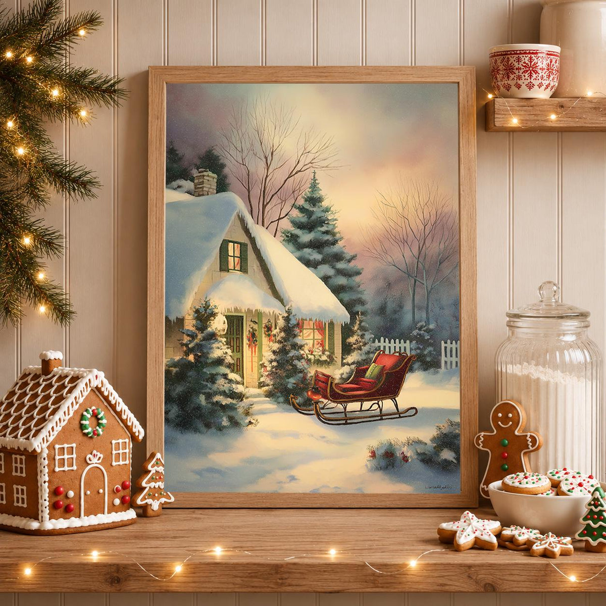 Vintage Christmas Cottage Snowy House with Red Sleigh Wall Art by The Wall Art Studio - physical