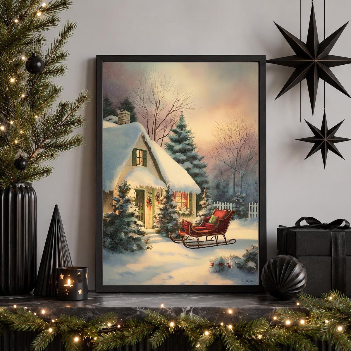 Vintage Christmas Cottage Snowy House with Red Sleigh Wall Art by The Wall Art Studio - physical