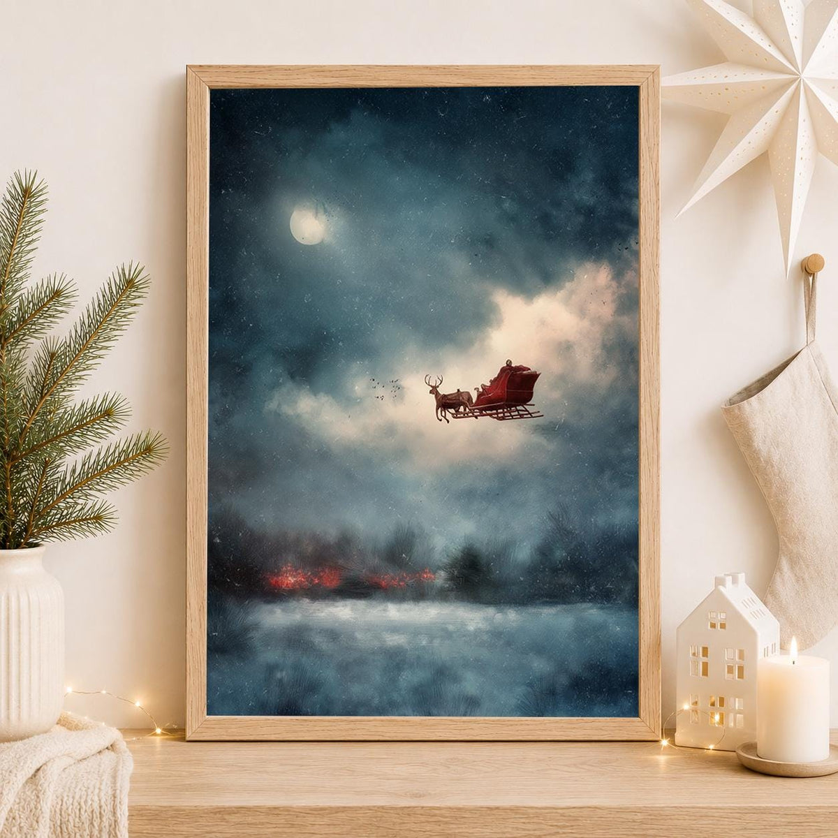 Vintage Santa Sleigh Christmas Reindeer in Moonlit Sky Wall Art by The Wall Art Studio - physical
