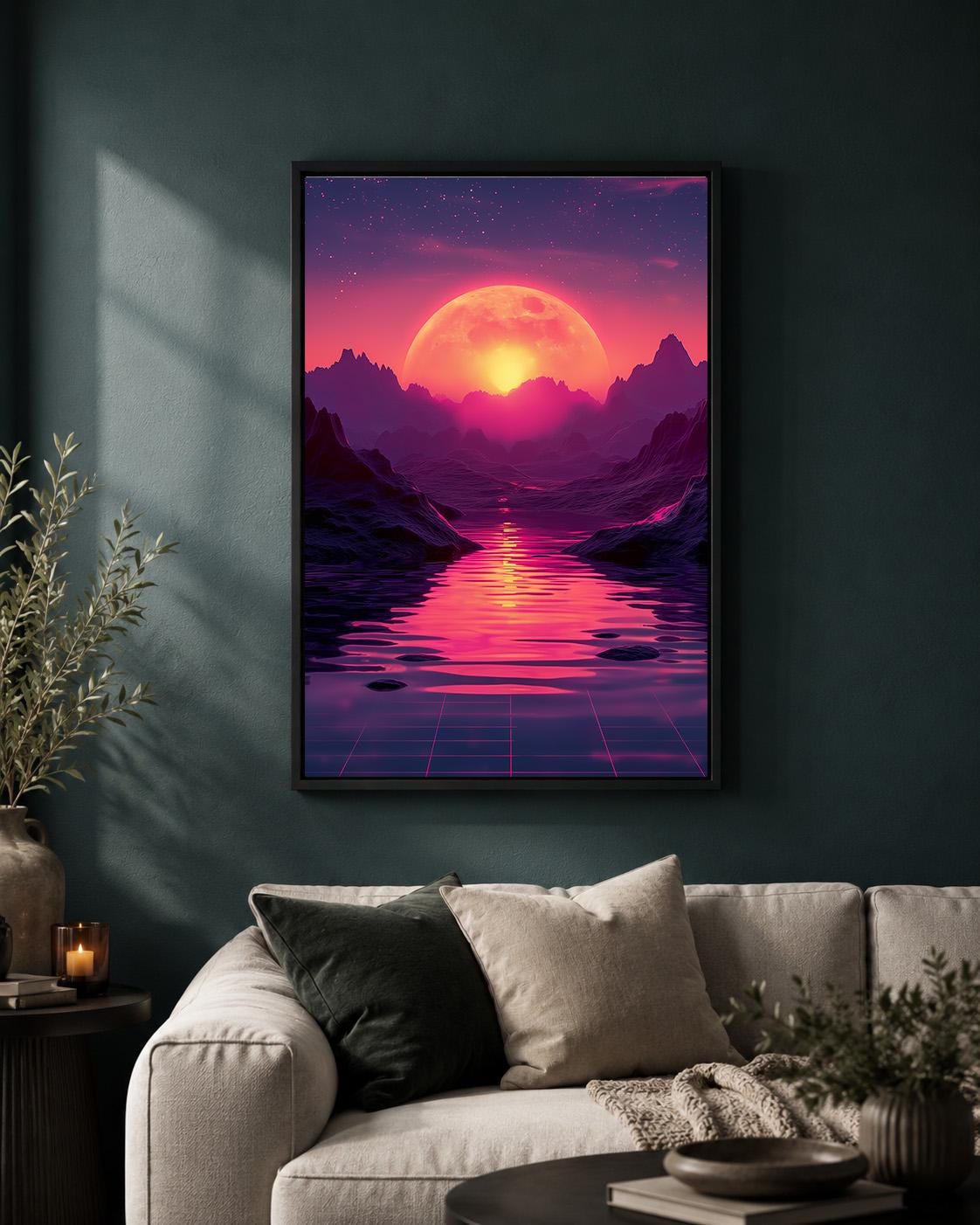 Vaporwave Retro Futuristic Sunset Neon Moon Landscape Framed Canvas by The Wall Art Studio - physical