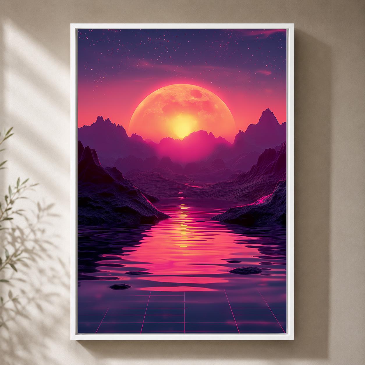 Vaporwave Retro Futuristic Sunset Neon Moon Landscape Framed Canvas by The Wall Art Studio - physical