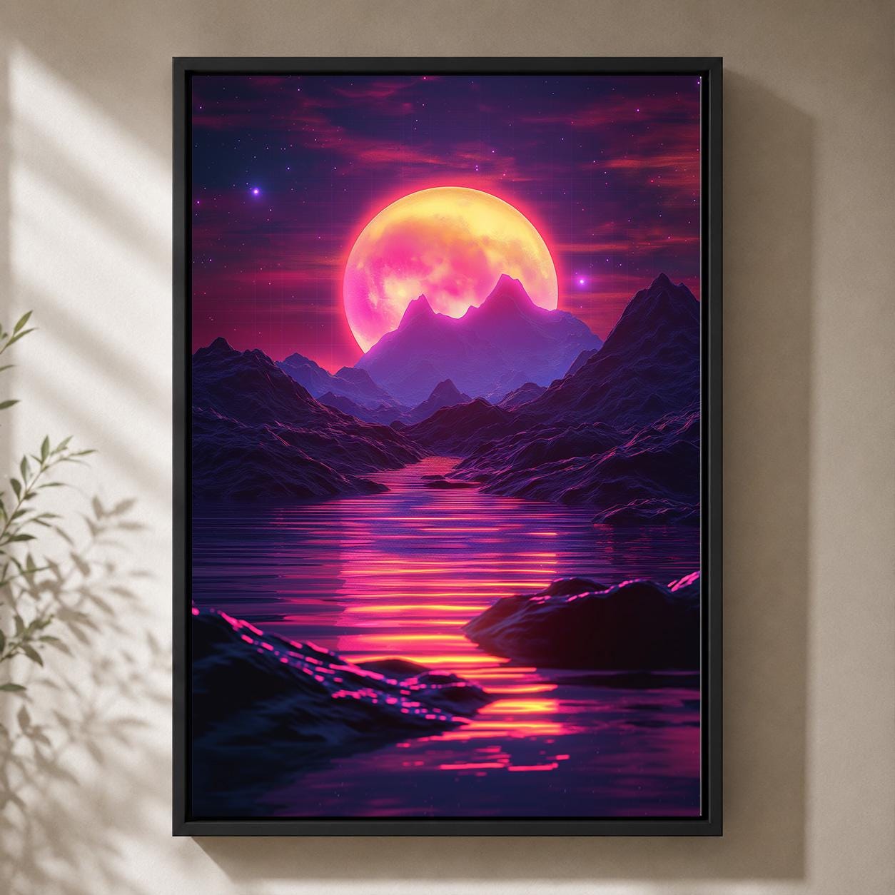Vaporwave Retro Futuristic Sunset Neon Moon Landscape Framed Canvas by The Wall Art Studio - physical
