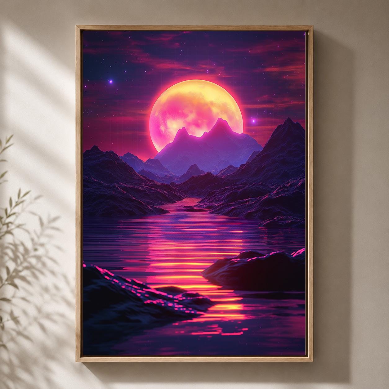 Vaporwave Retro Futuristic Sunset Neon Moon Landscape Framed Canvas by The Wall Art Studio - physical
