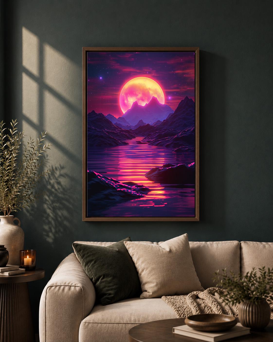 Vaporwave Retro Futuristic Sunset Neon Moon Landscape Framed Canvas by The Wall Art Studio - physical