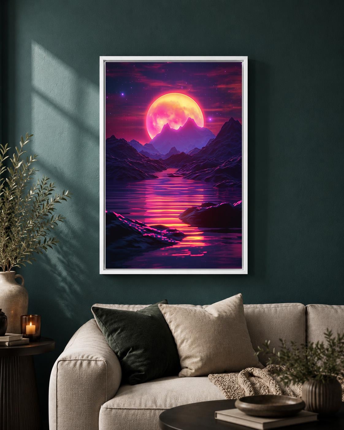 Vaporwave Retro Futuristic Sunset Neon Moon Landscape Framed Canvas by The Wall Art Studio - physical